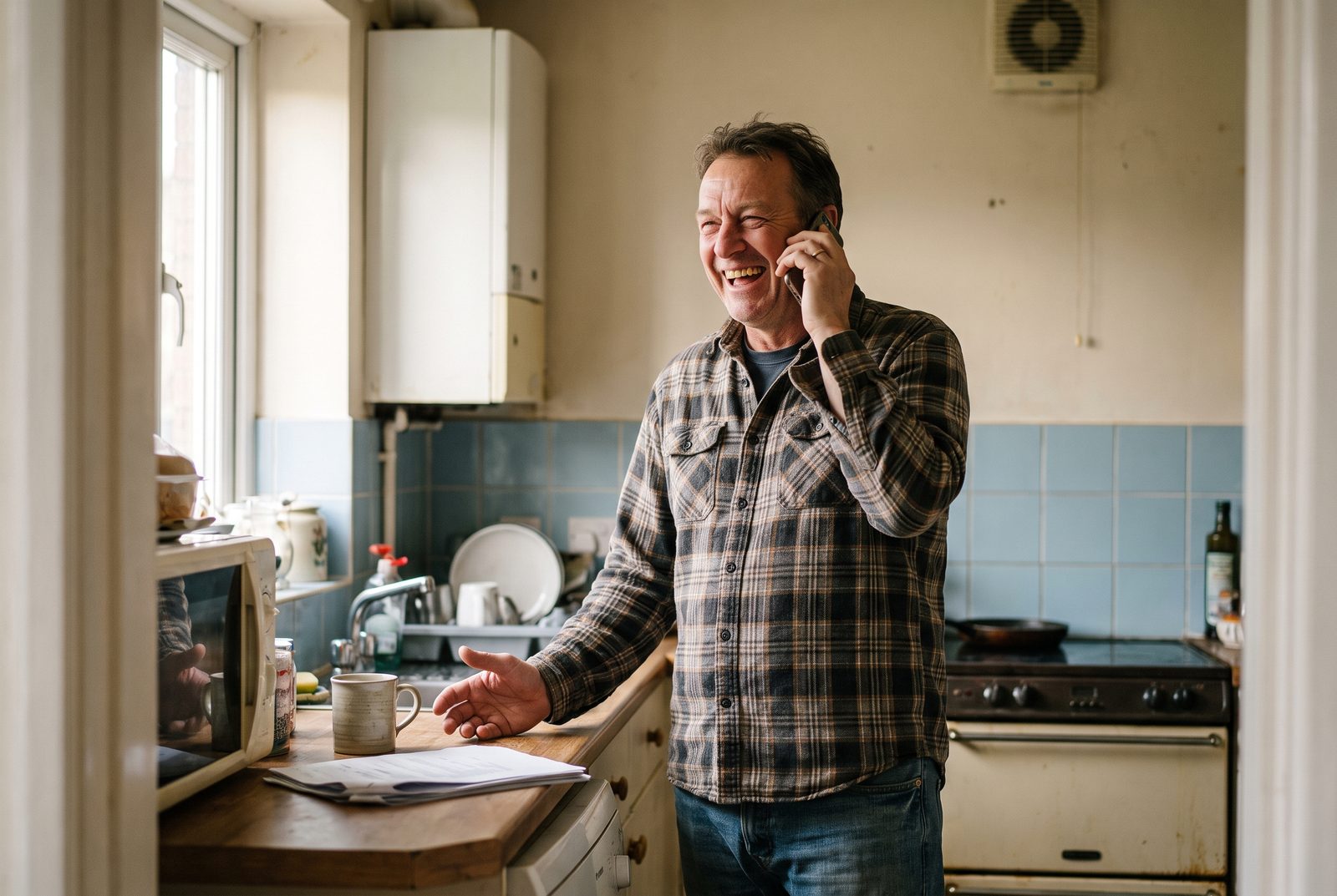 A man in his fifties in his kitchen, laughing on the phone, the paperwork finally making sense.