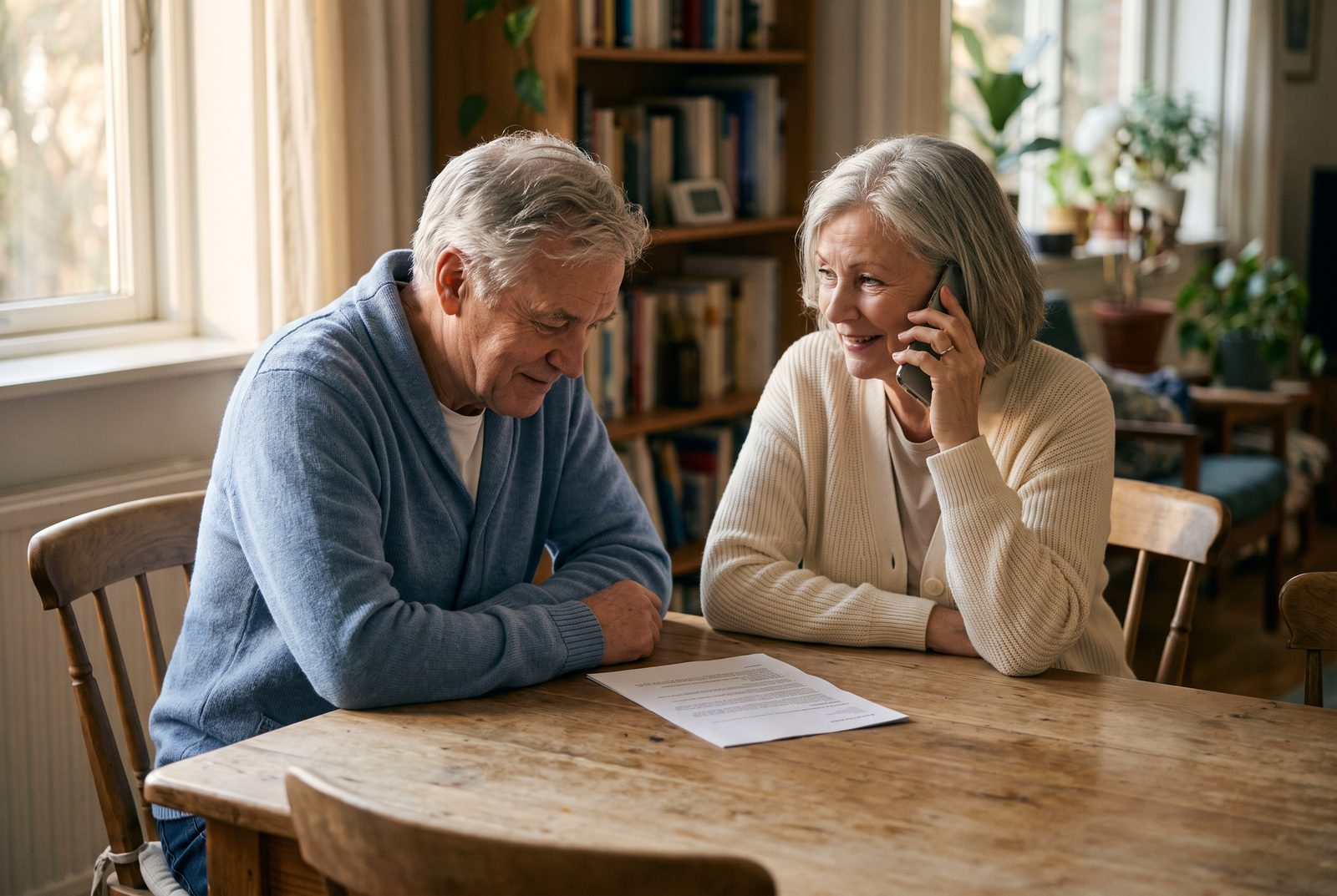 A couple at their dining table, one on the phone with an advisor while the other listens, reassured.