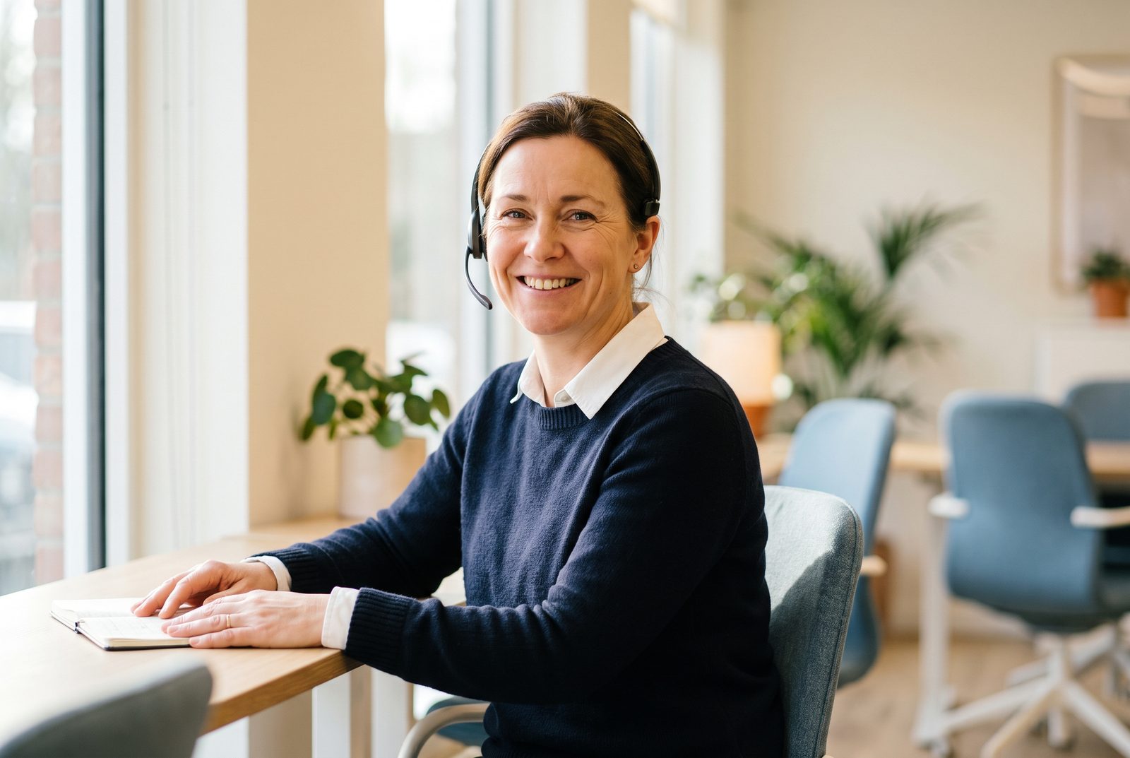 A licensed advisor wearing a headset at her desk, looking directly at the camera with a warm smile.