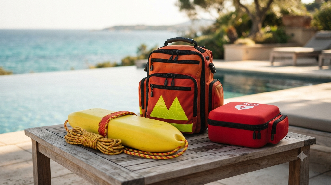 Matériel professionnel de secours : défibrillateur, sac de premiers secours et rescue tube