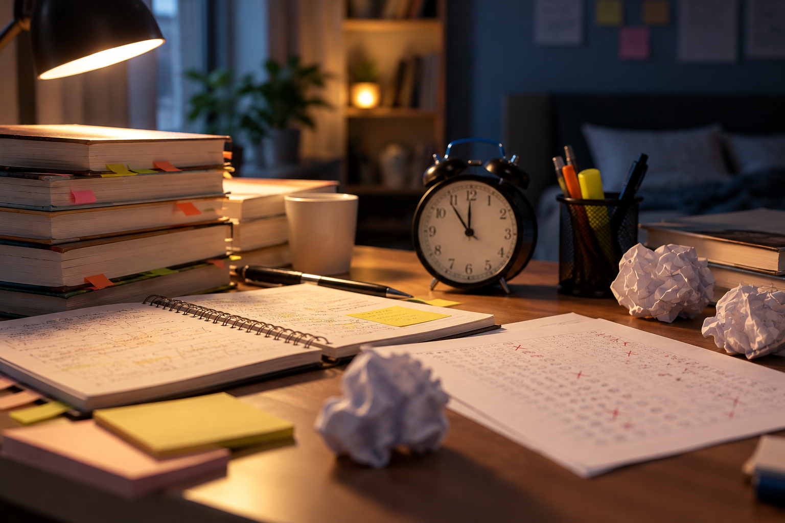 A student studying late at a desk