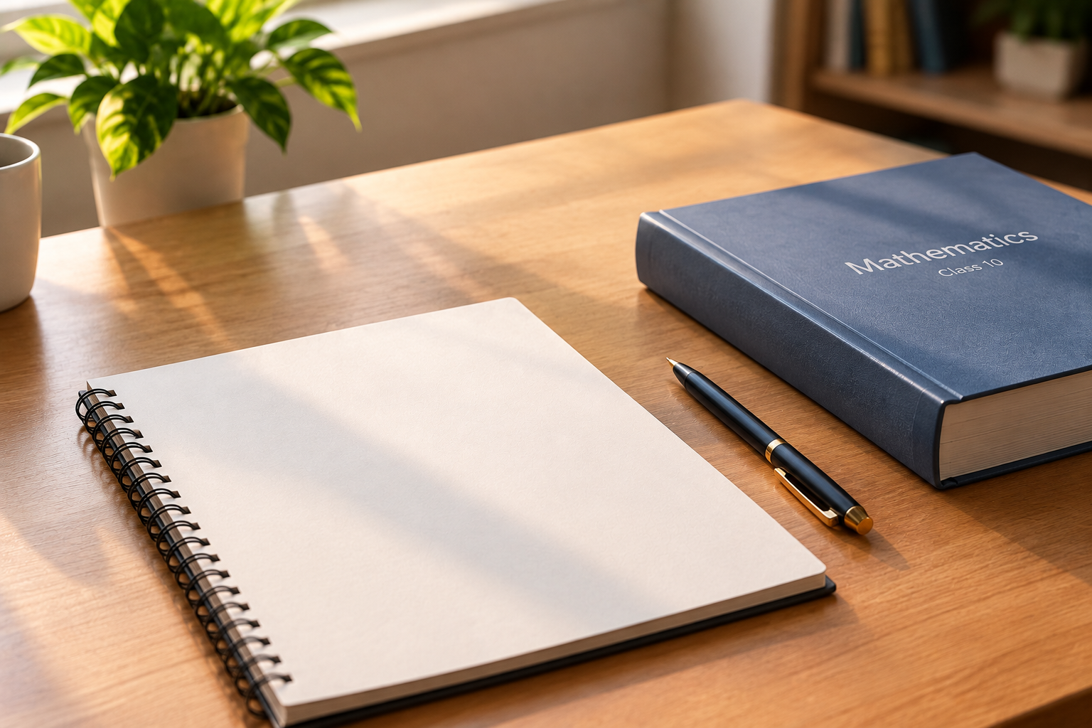 A blank page, one pen and a closed textbook on a desk