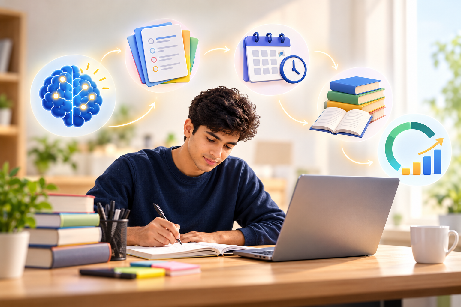 A student writing recalled answers on a blank page