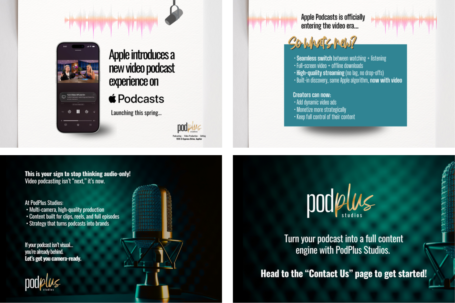 Professional video podcast studio setup with multi-camera production at PodPlus Studios in Jupiter, Florida