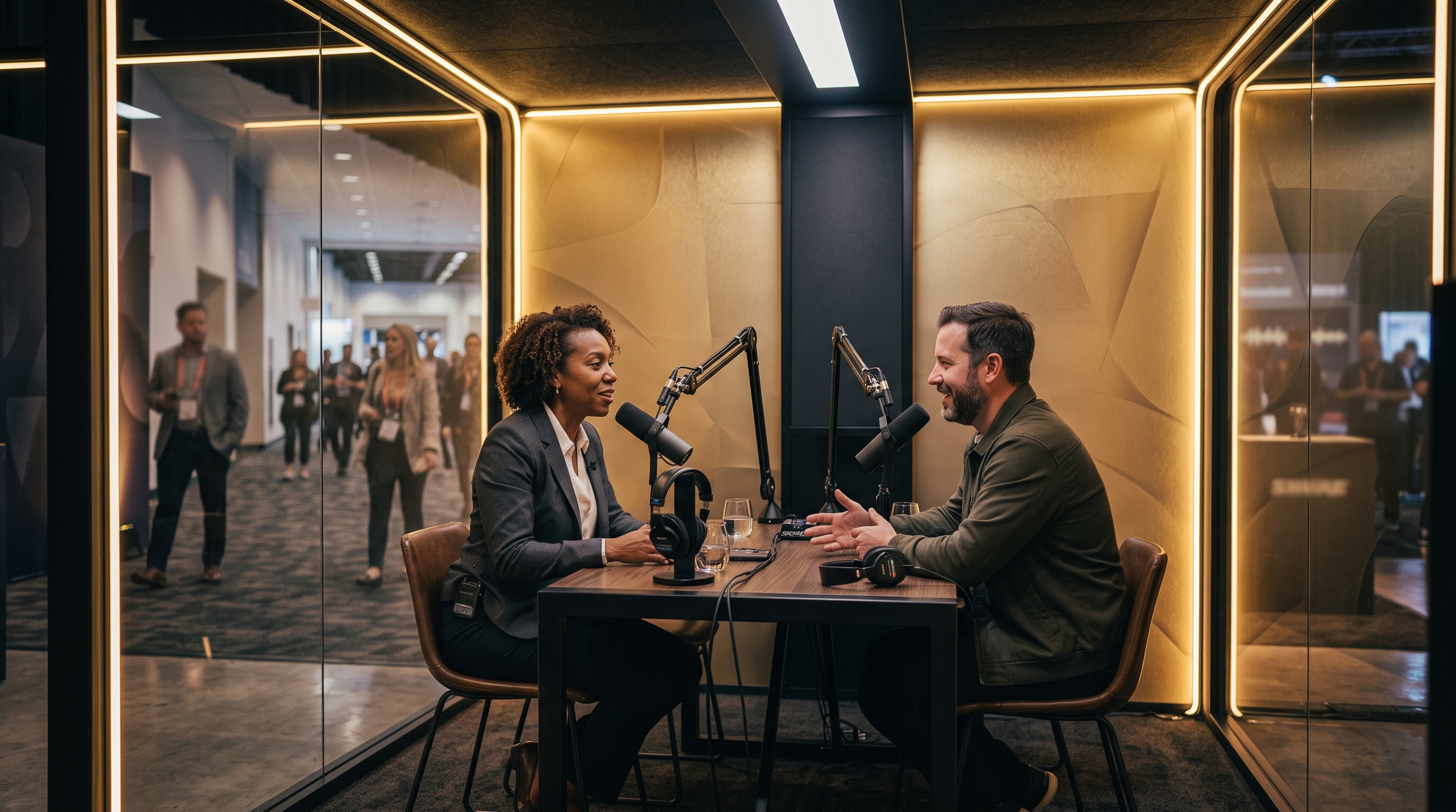 Sponsor segment recorded in a mobile podcast studio at a brand activation