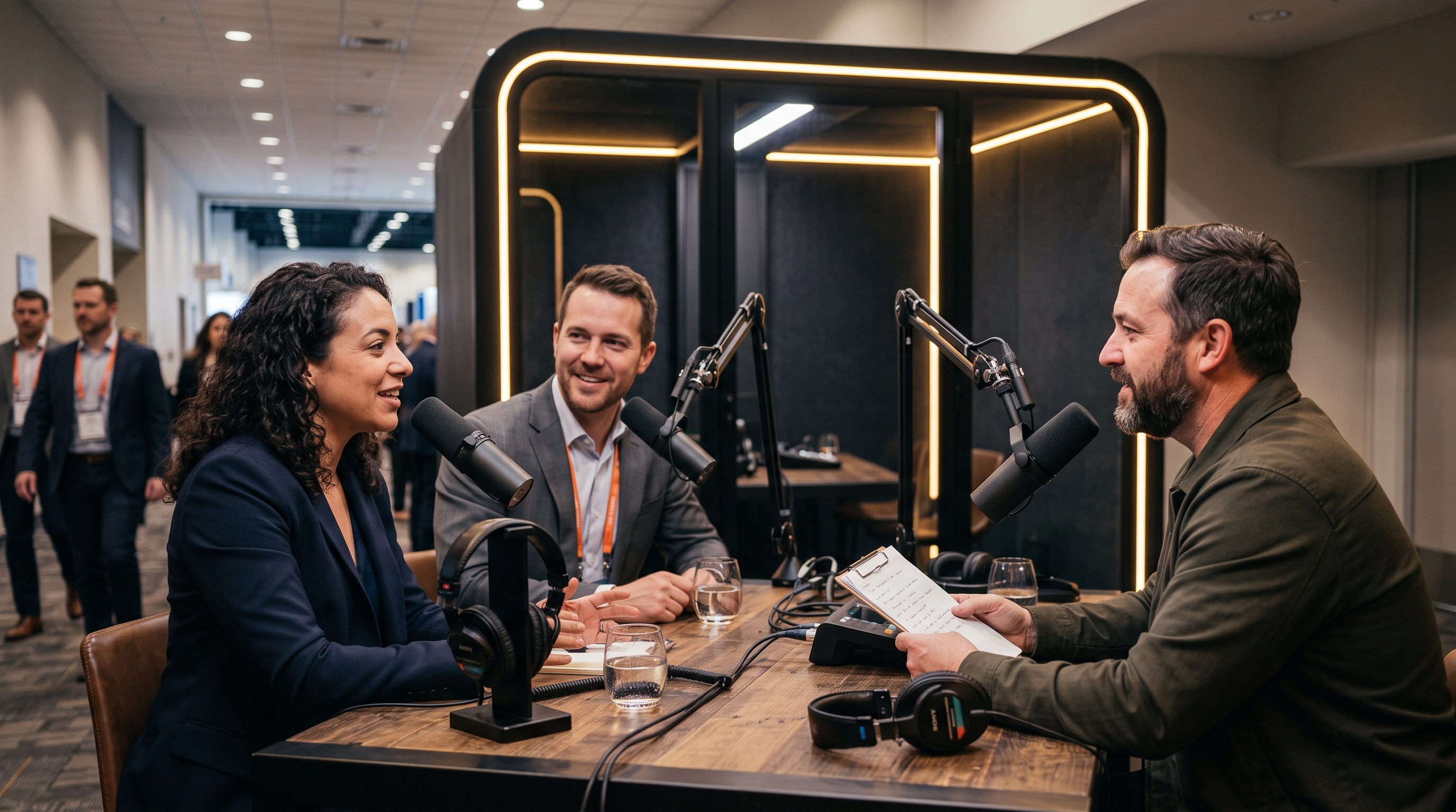 Attendees recording a conversation in an on-site podcast studio