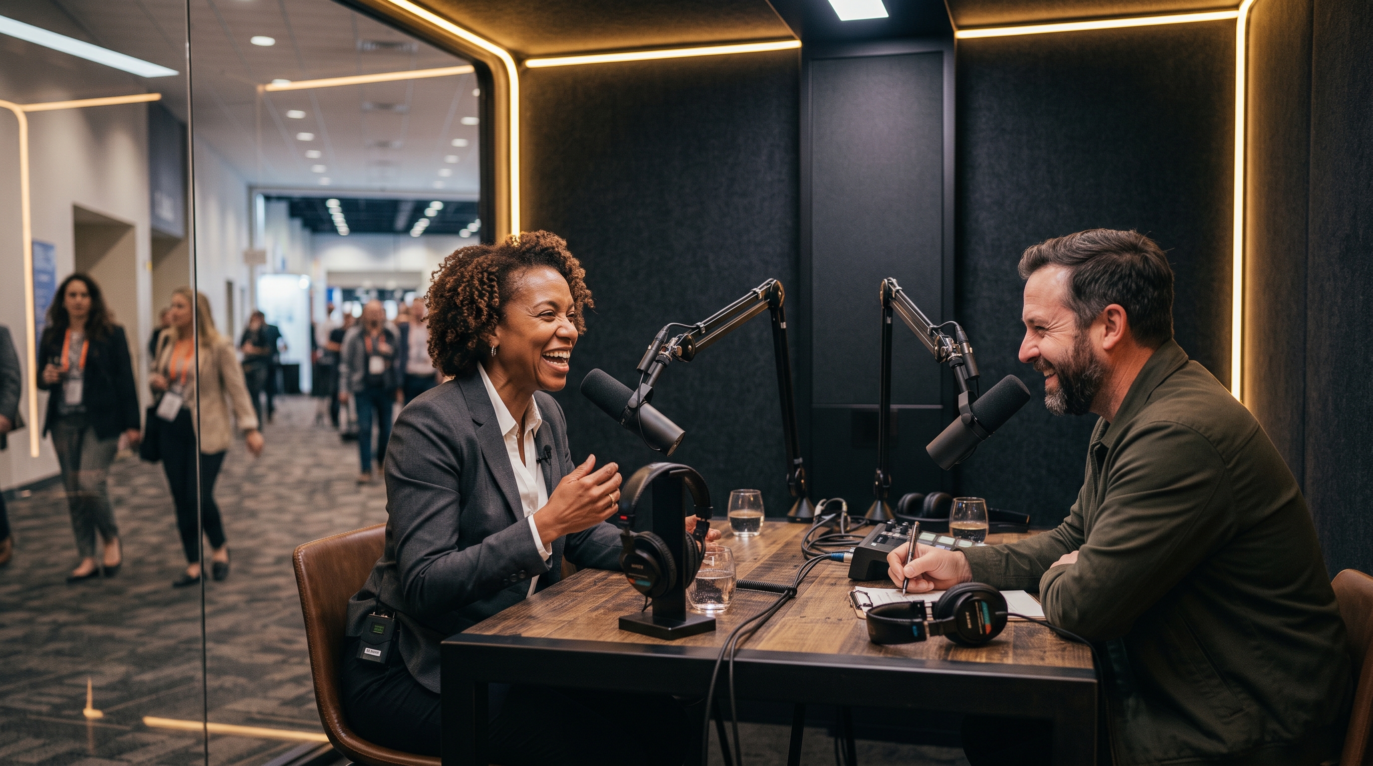Speaker in an unscripted moment during an on-site podcast interview