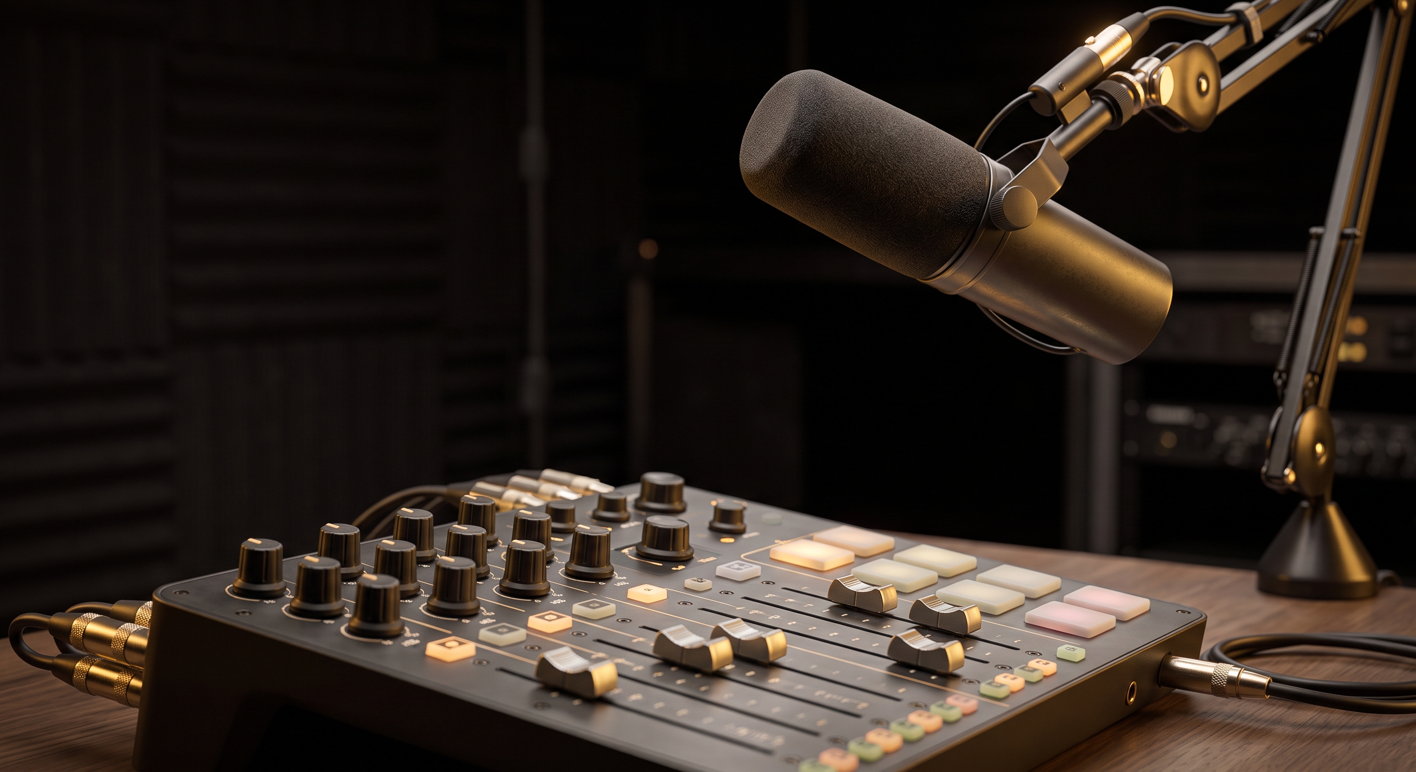 Podcast recording equipment inside a mobile studio at a brand activation