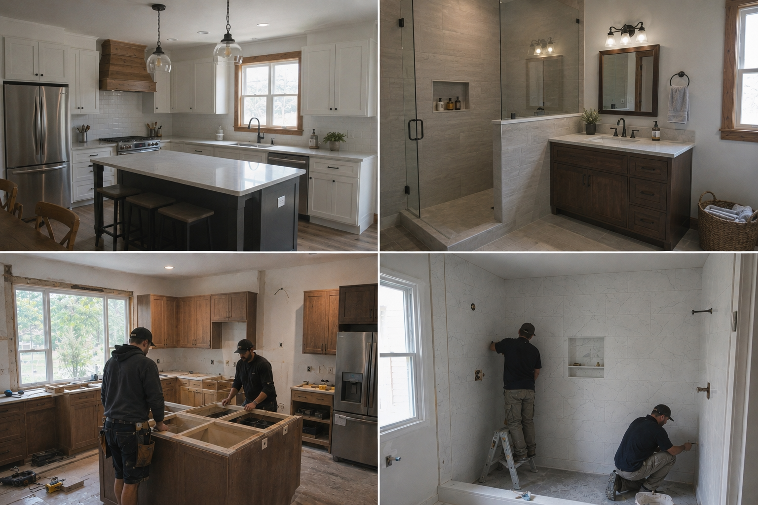 Cabinets going in and tile being set beside the finished kitchen and walk-in shower