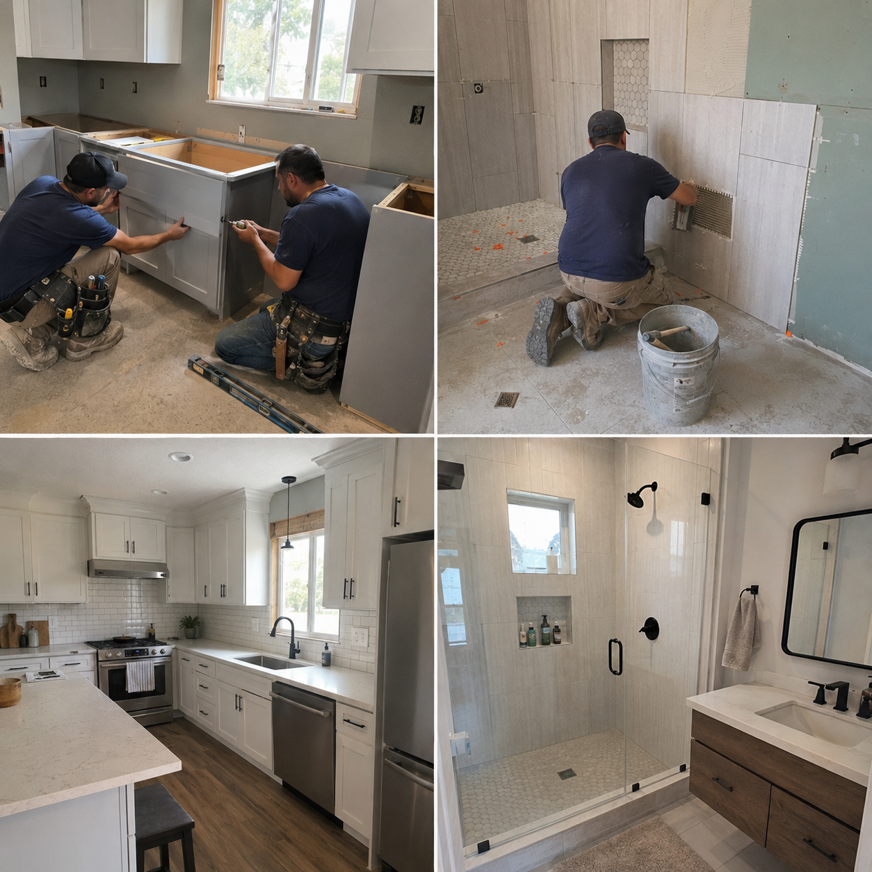 Cabinet install and shower tiling through to a finished white kitchen and glass shower