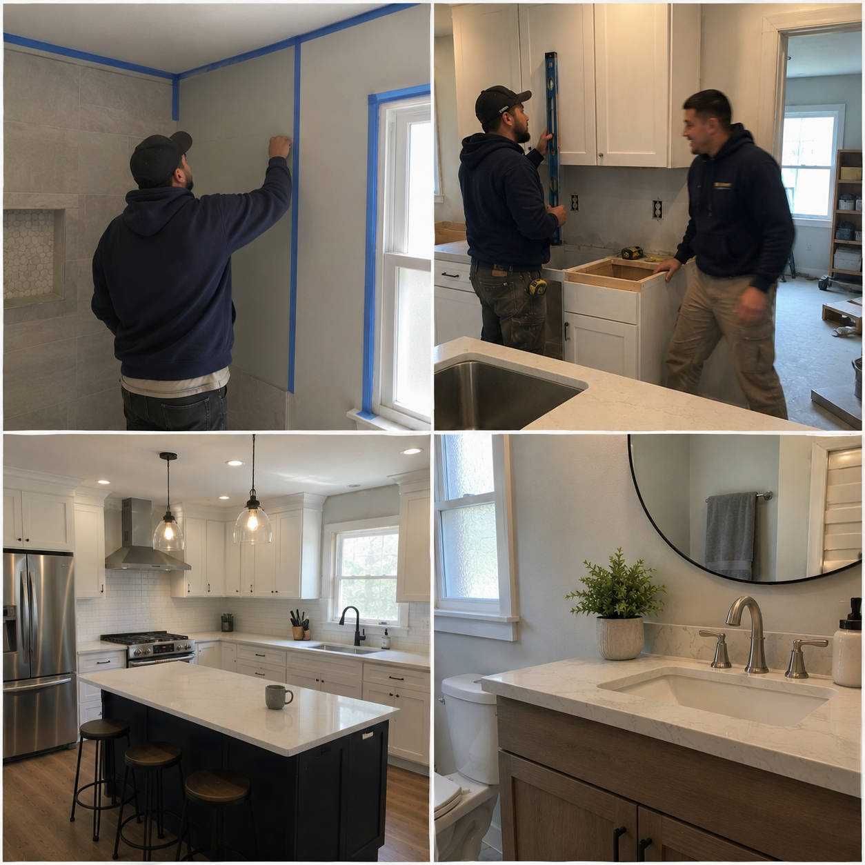 Finished kitchen and bathroom alongside the crew mid-build