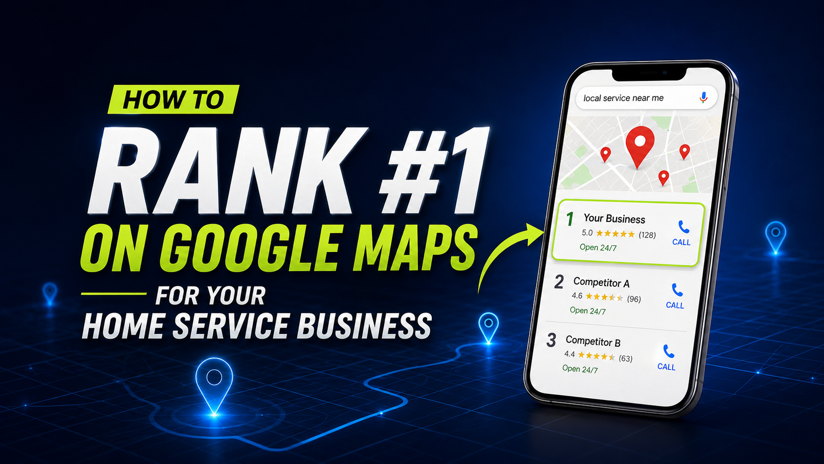 How to rank number one on Google Maps for a home service business with a phone showing a local business above competitors in map results.