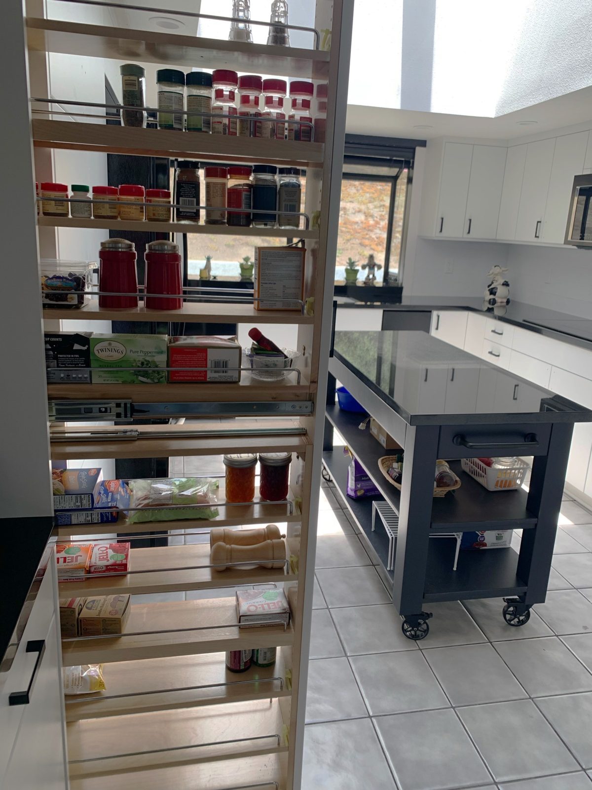 Pull-out pantry cabinet with spice and food storage beside the refrigerator