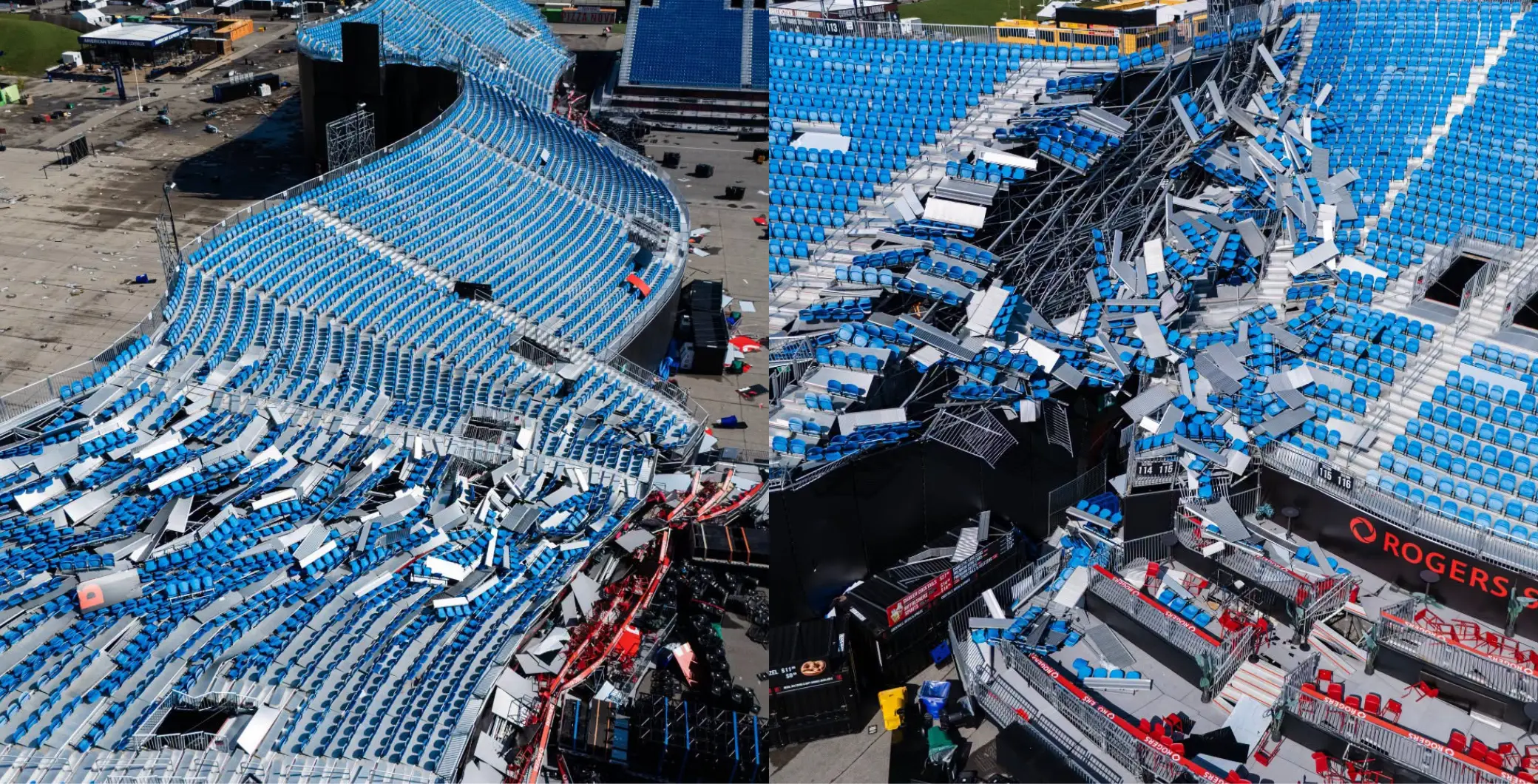rogers stadium stands severely damaged after storm with debris all over