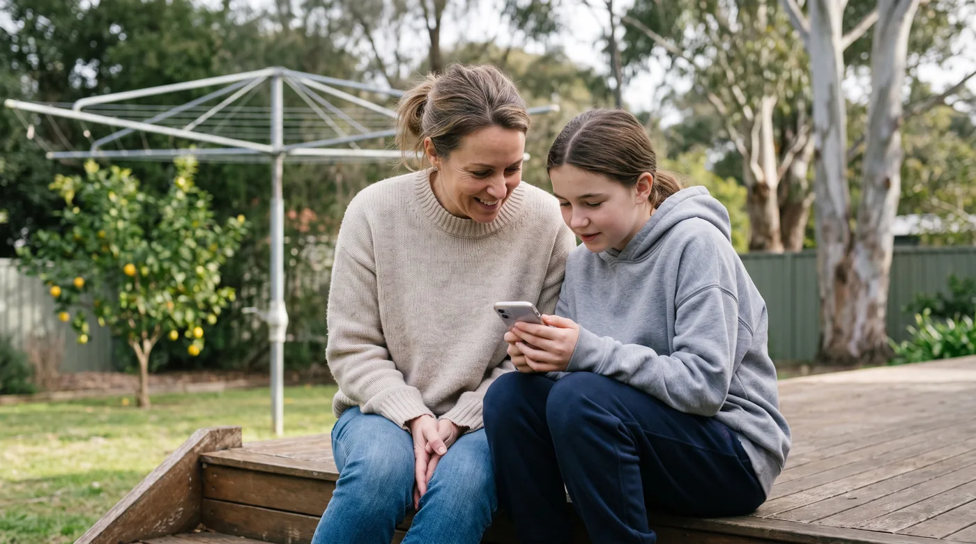 A mum and her daughter laughing together on the back deck