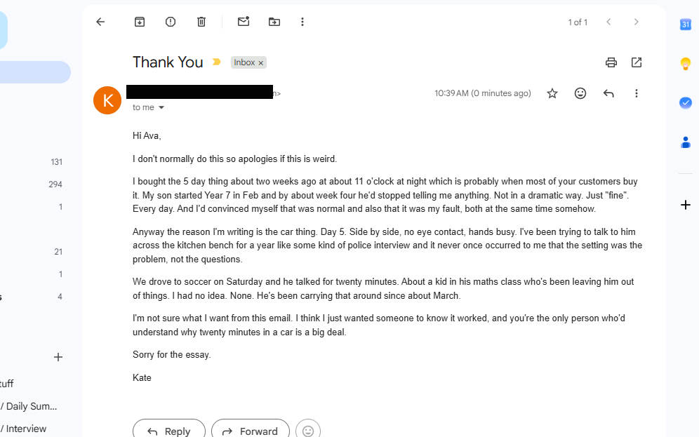 A message from a parent after finishing the program