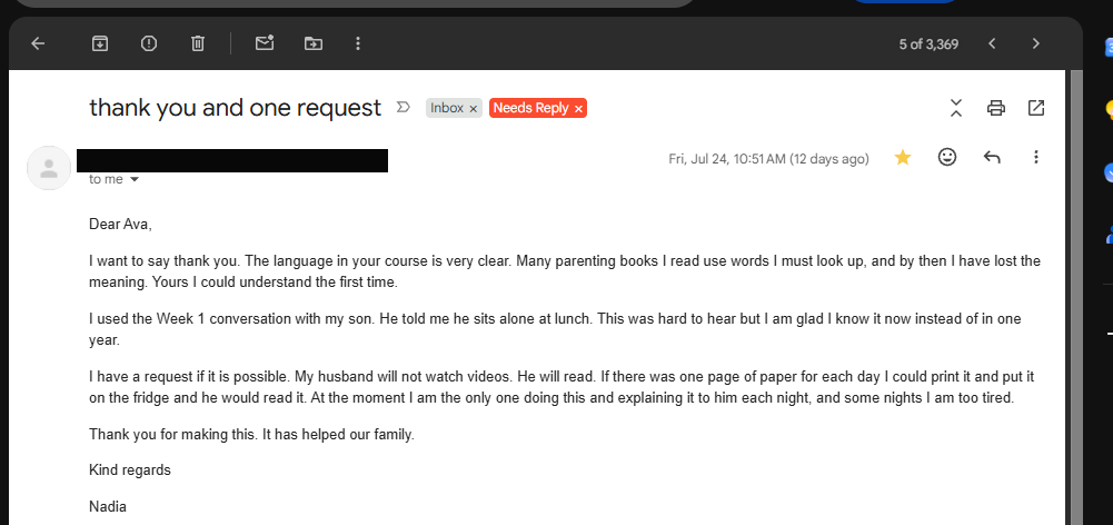 A message from a parent after finishing the program