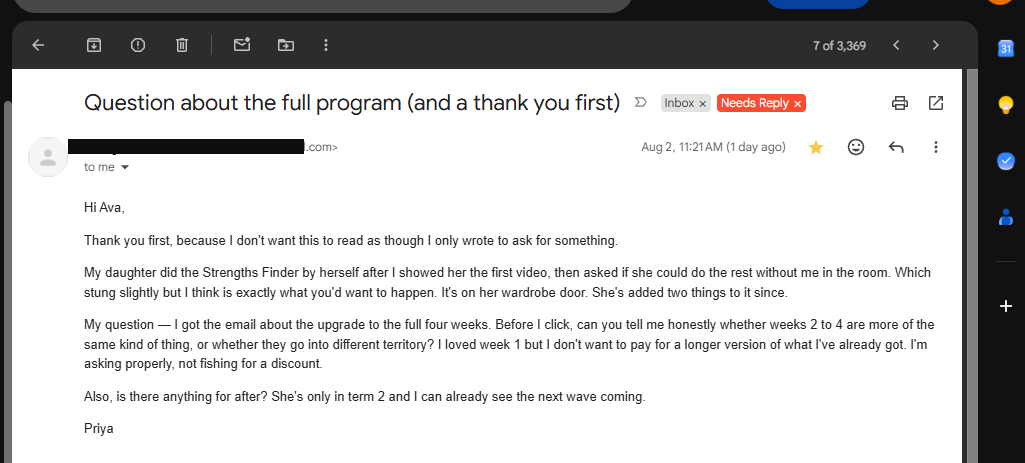 A message from a parent after finishing the program