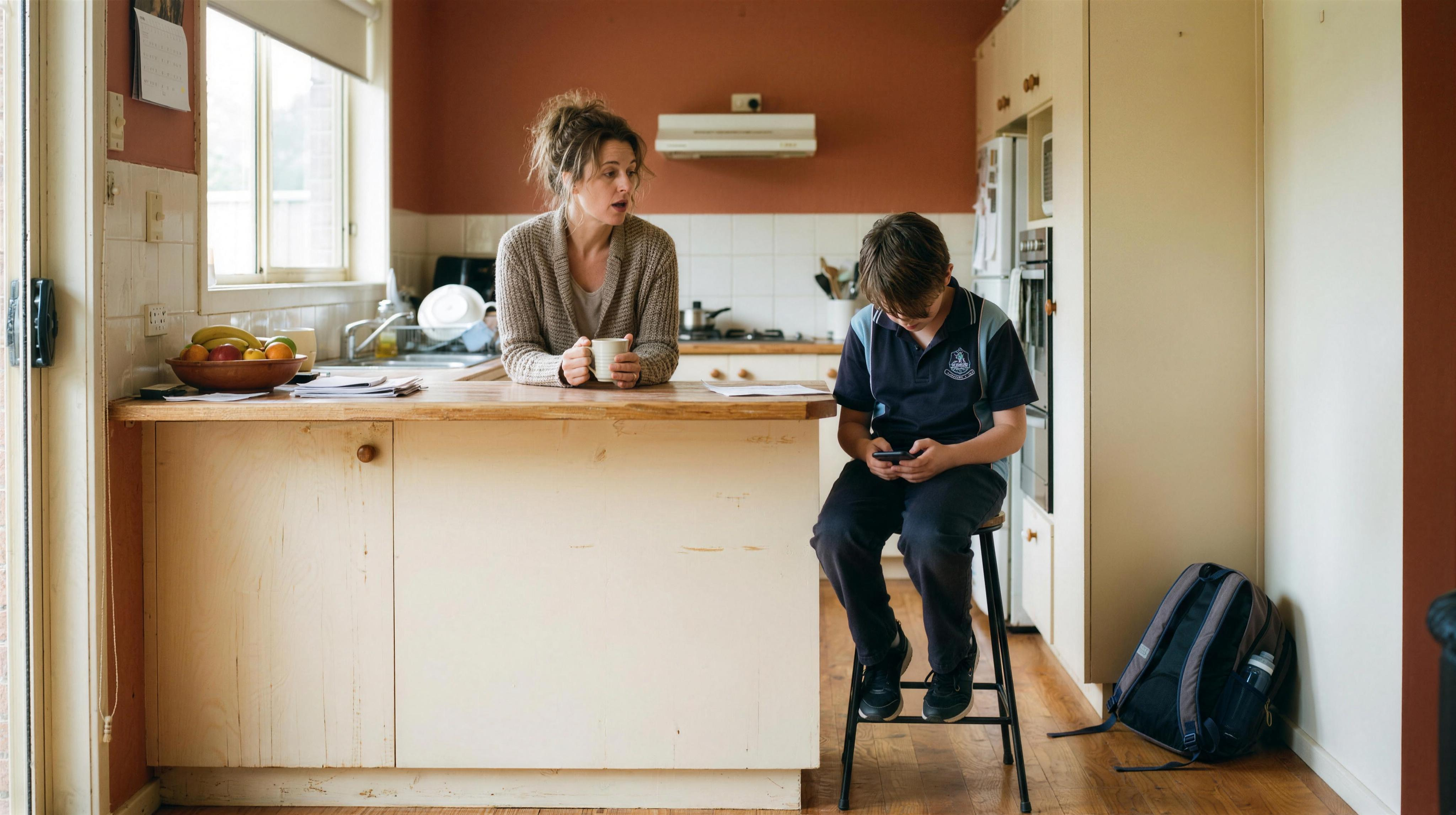 A parent and child in the kitchen after school