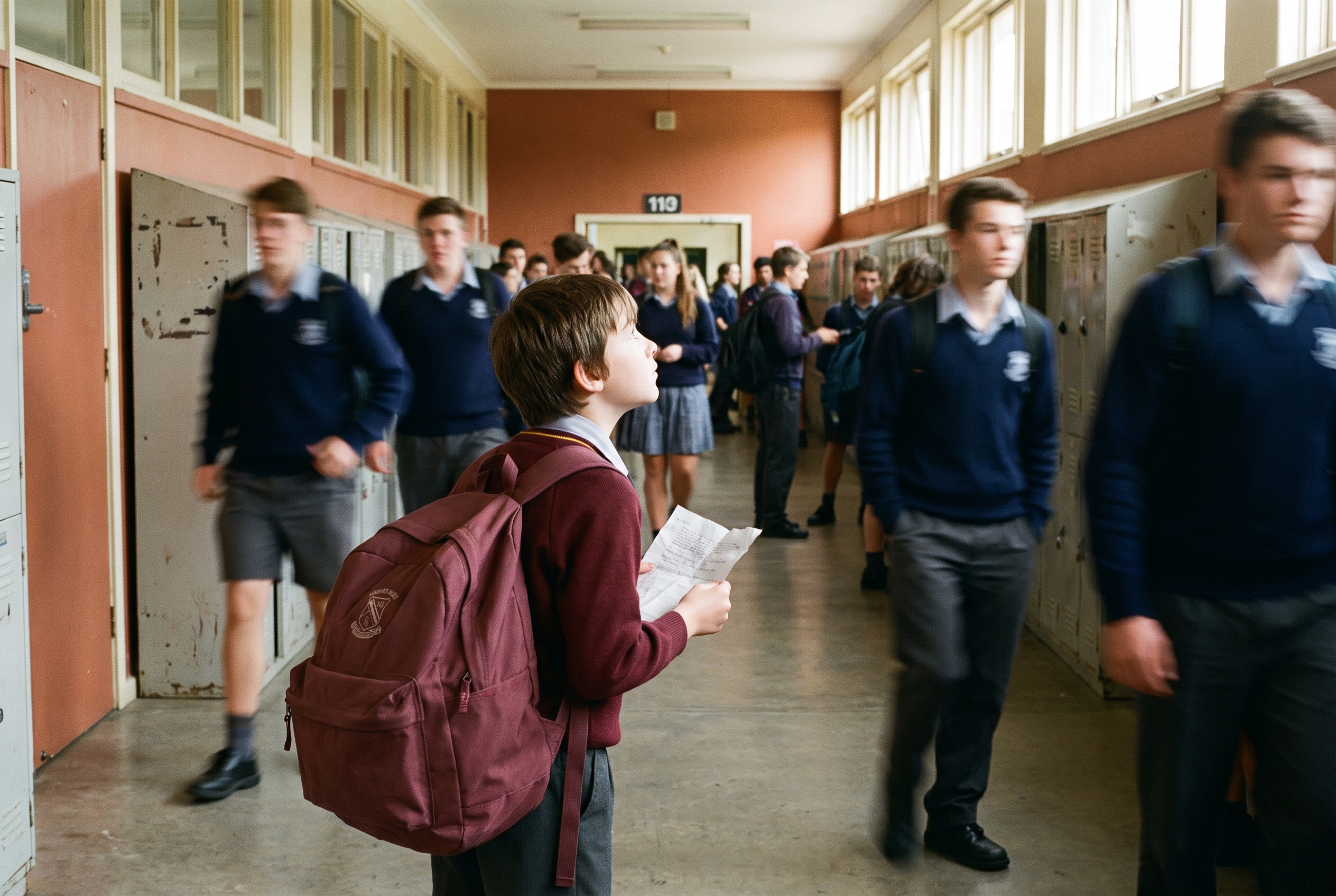 A Year 7 student with a timetable while older students pass by