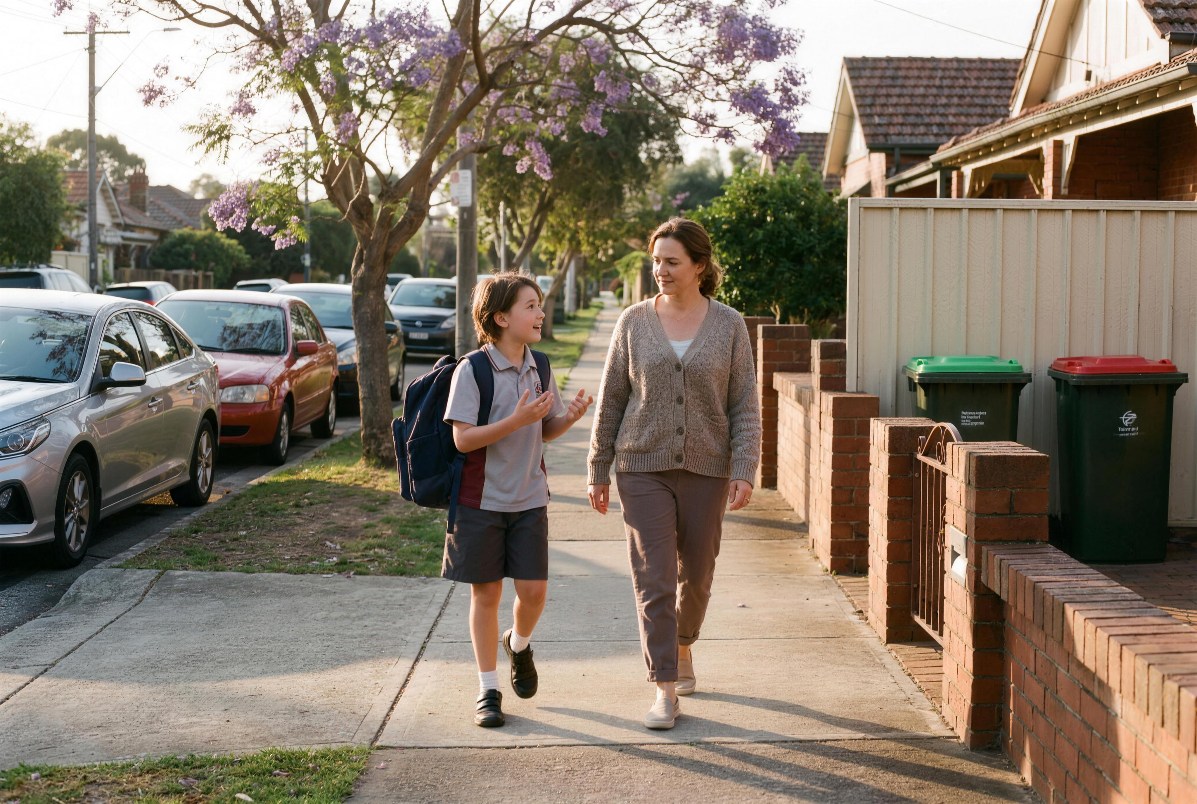 A parent and child walking home together, the child talking