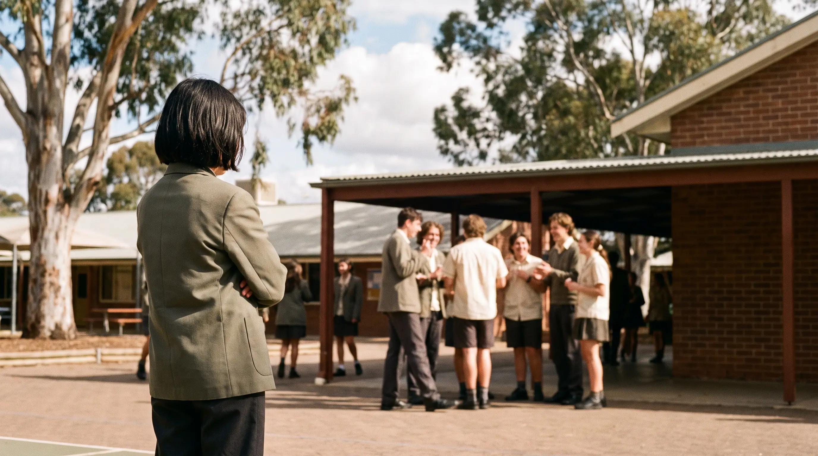 A child standing at the edge of a group in the school yard