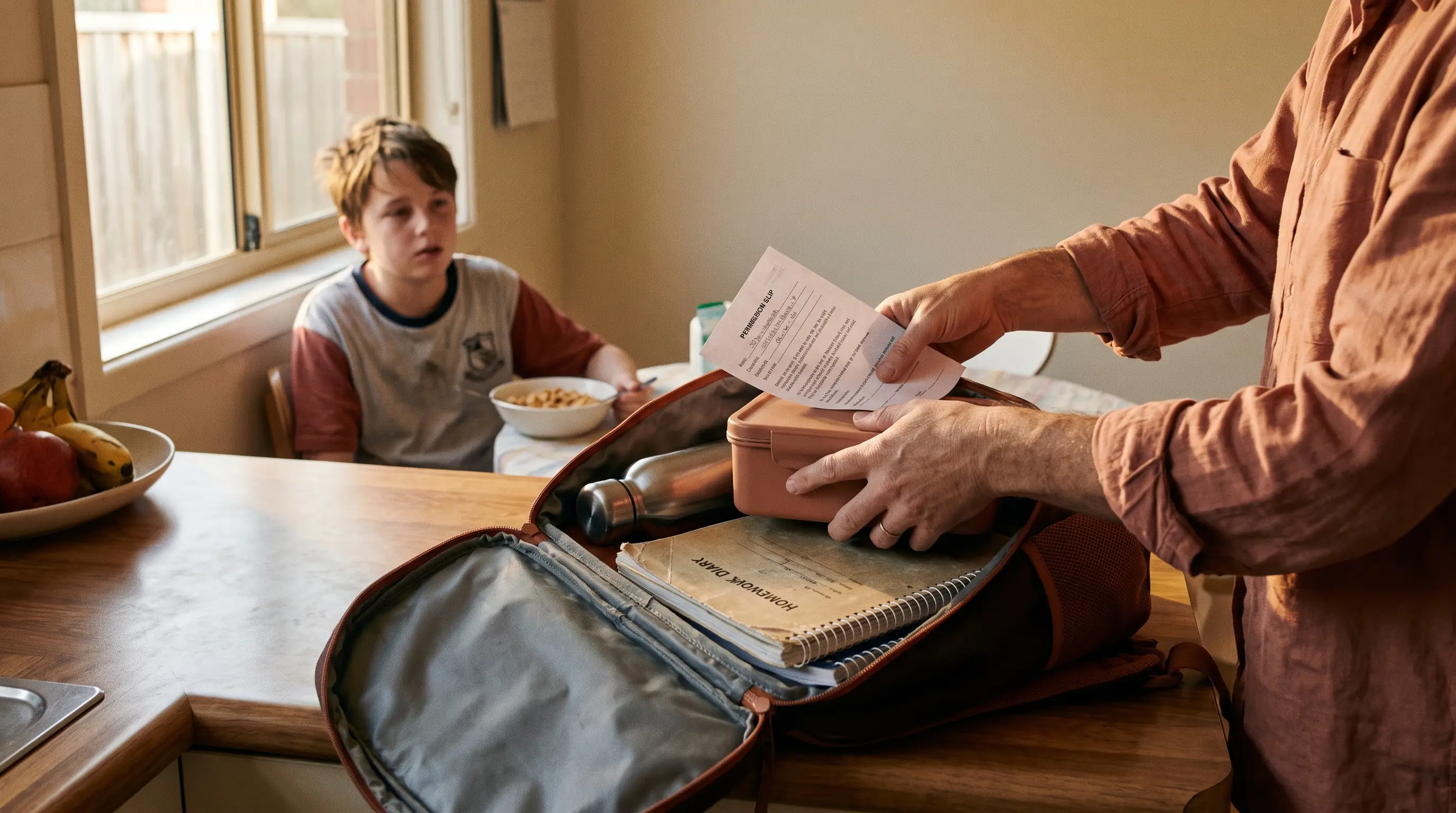 A parent packing a school bag while the child eats breakfast