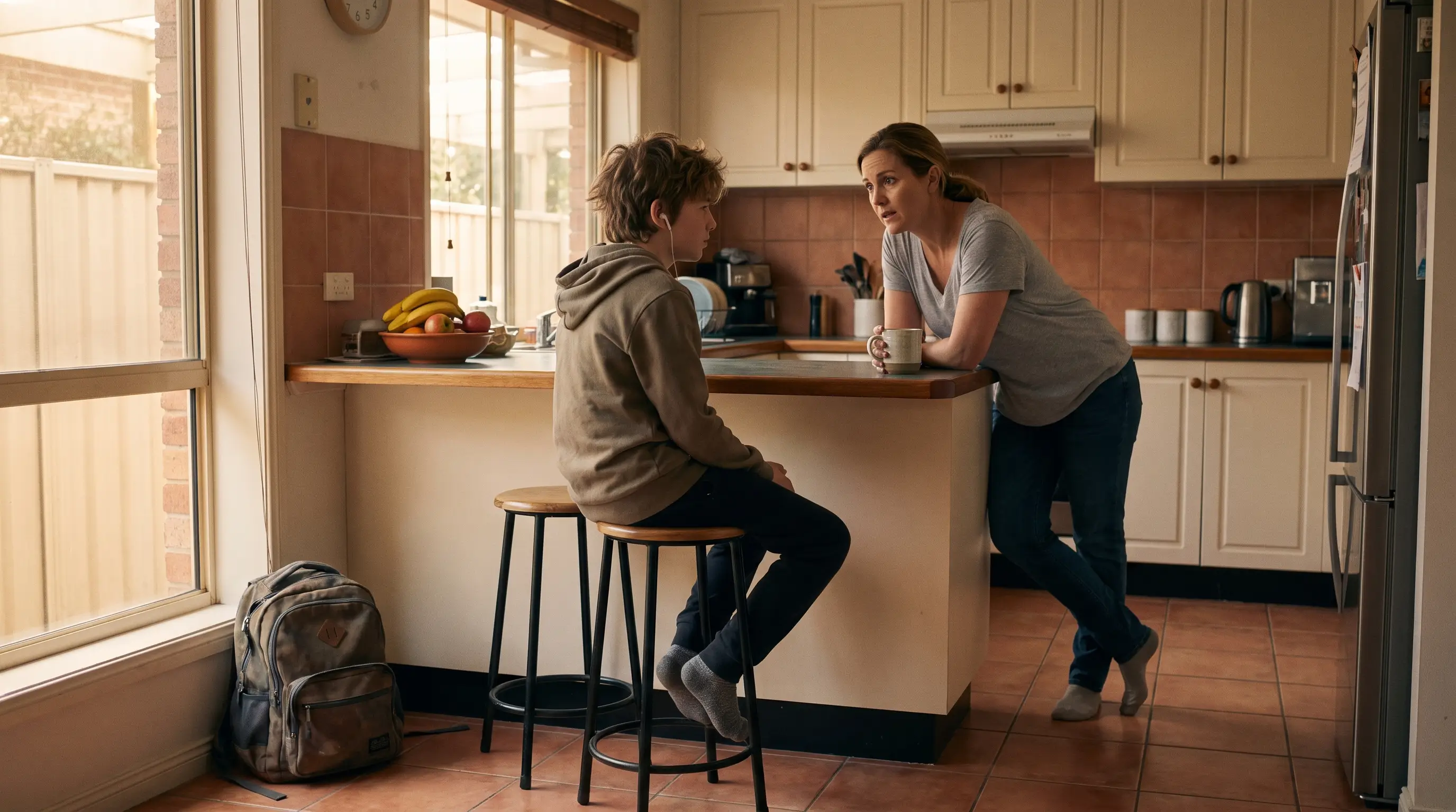 A child answering over their shoulder while a parent waits