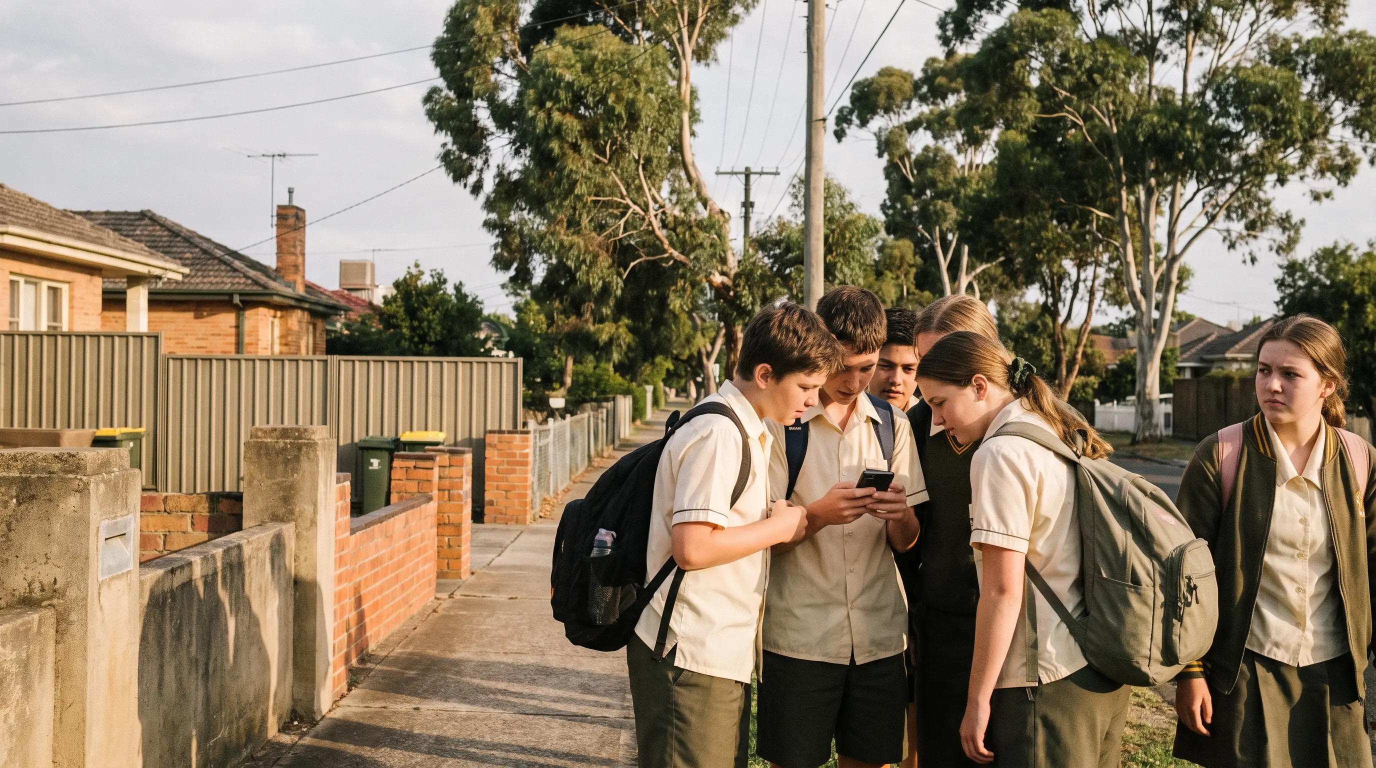 A group of children walking together, one half a step out
