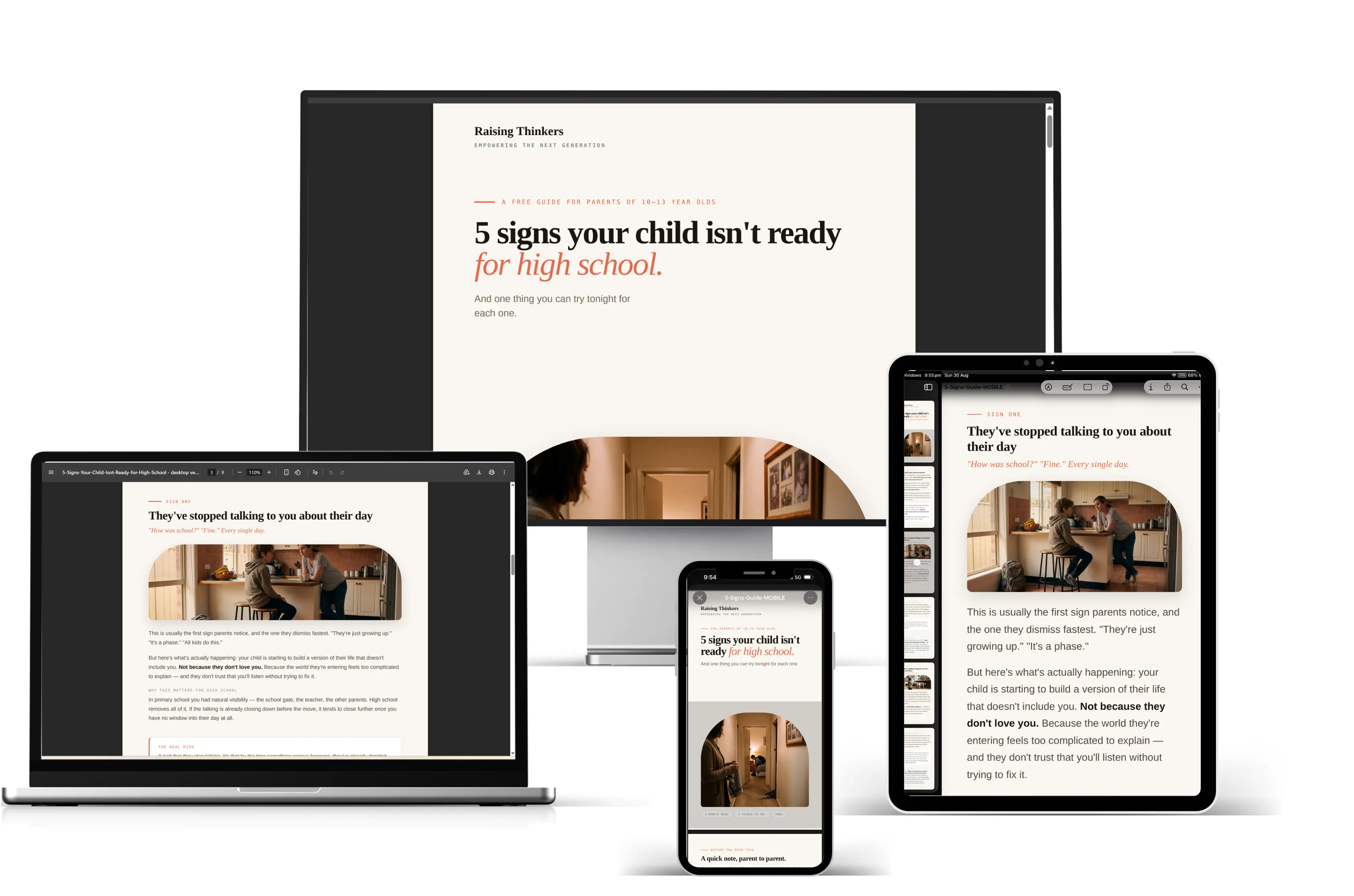 5 Signs Your Child Isn't Ready for High School, shown on a laptop, tablet and phone