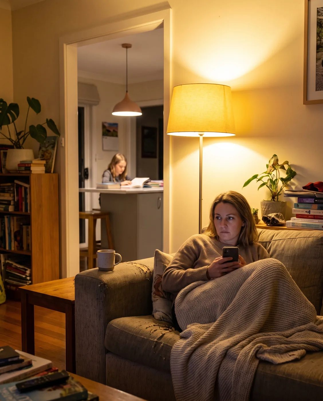 A mum reading on her phone on the couch in the evening
