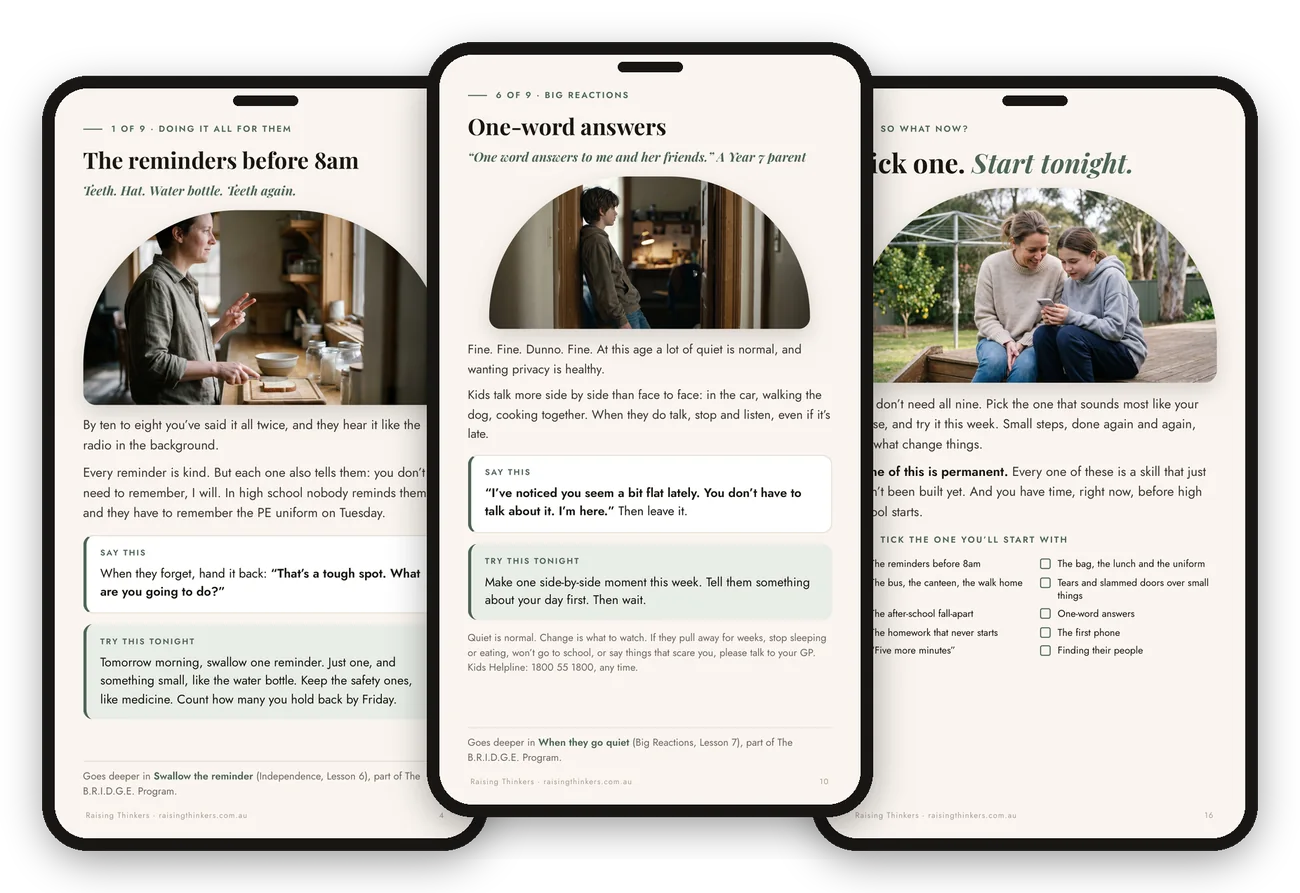 Three pages from inside the guide, shown on phones