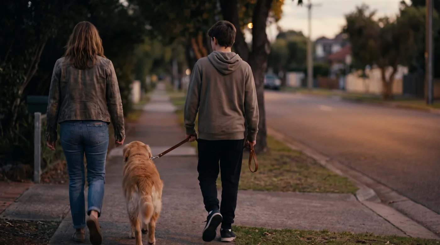 A parent and child walking the dog side by side