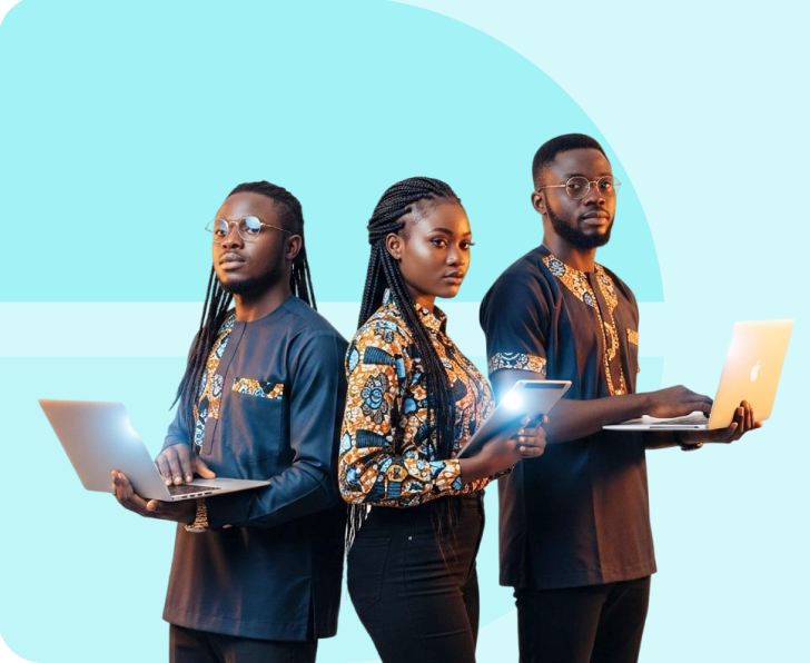 A flat illustration of a diverse group of professionals collaborating around a digital tablet, set against a soft, abstract background with muted gold and charcoal accents. The scene conveys teamwork and innovation, with subtle regional motifs in the design.