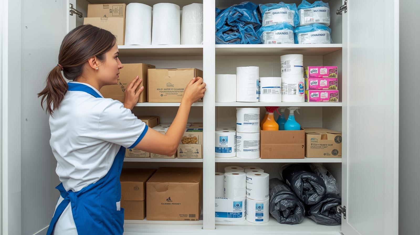 Commercial cleaning professional restocking facility supplies in Arizona office building.