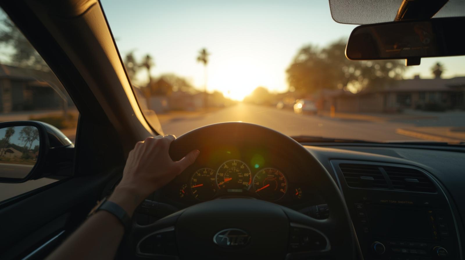 iew from inside a car with sunlight coming through the windshield, symbolizing taking personal space and emotional reset during a busy day. iew from inside a car with sunlight coming through the windshield, symbolizing taking personal space and emotional reset during a busy day.