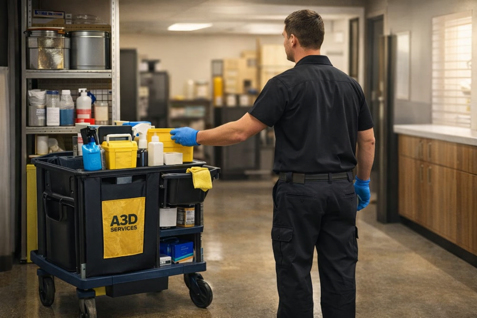 A3D Professional commercial cleaner organizing facility cleaning supplies in an Arizona office building.