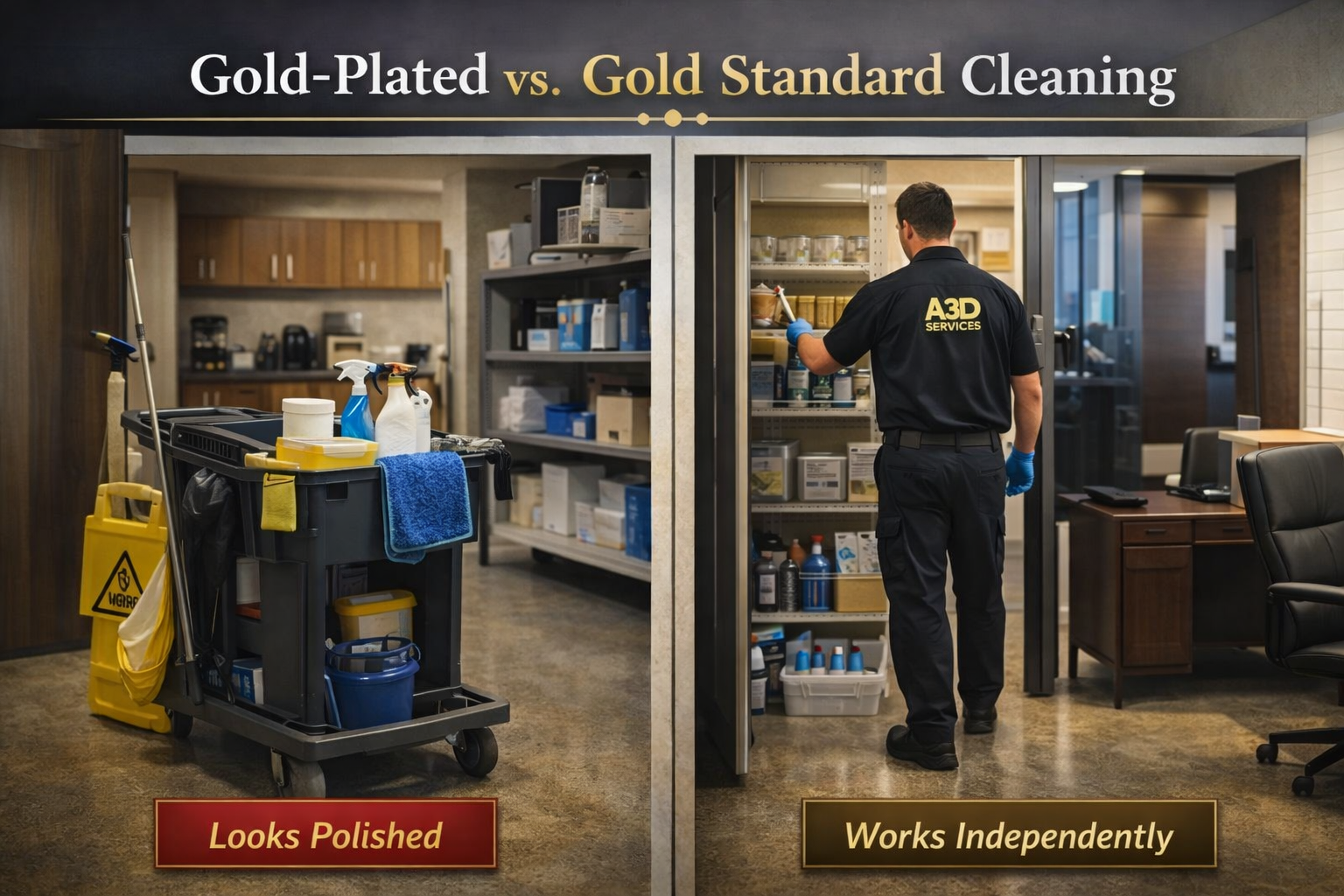 Comparison between basic cleaning service and gold standard commercial cleaning set by A3D Services in Arizona.