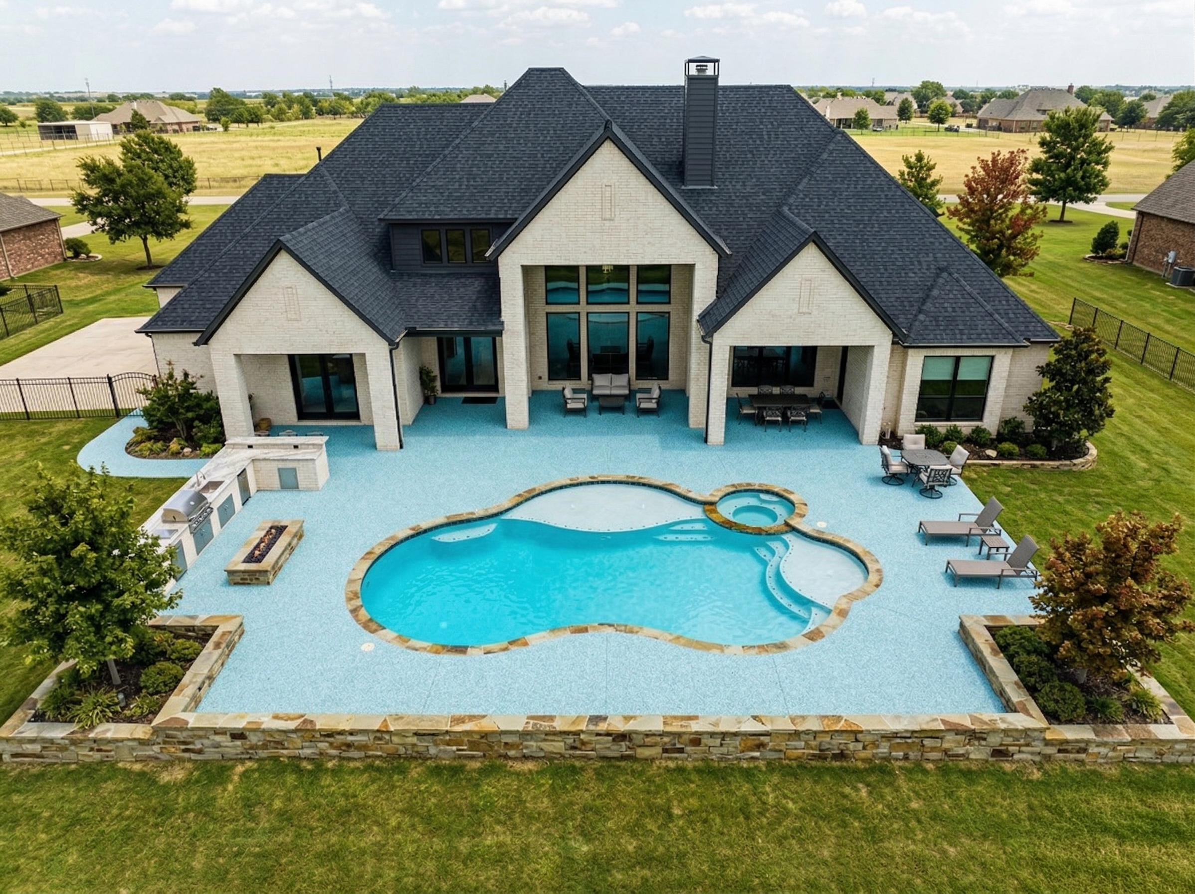 Premium custom multi-color TPV rubber pool decking installation in a Frisco Texas backyard