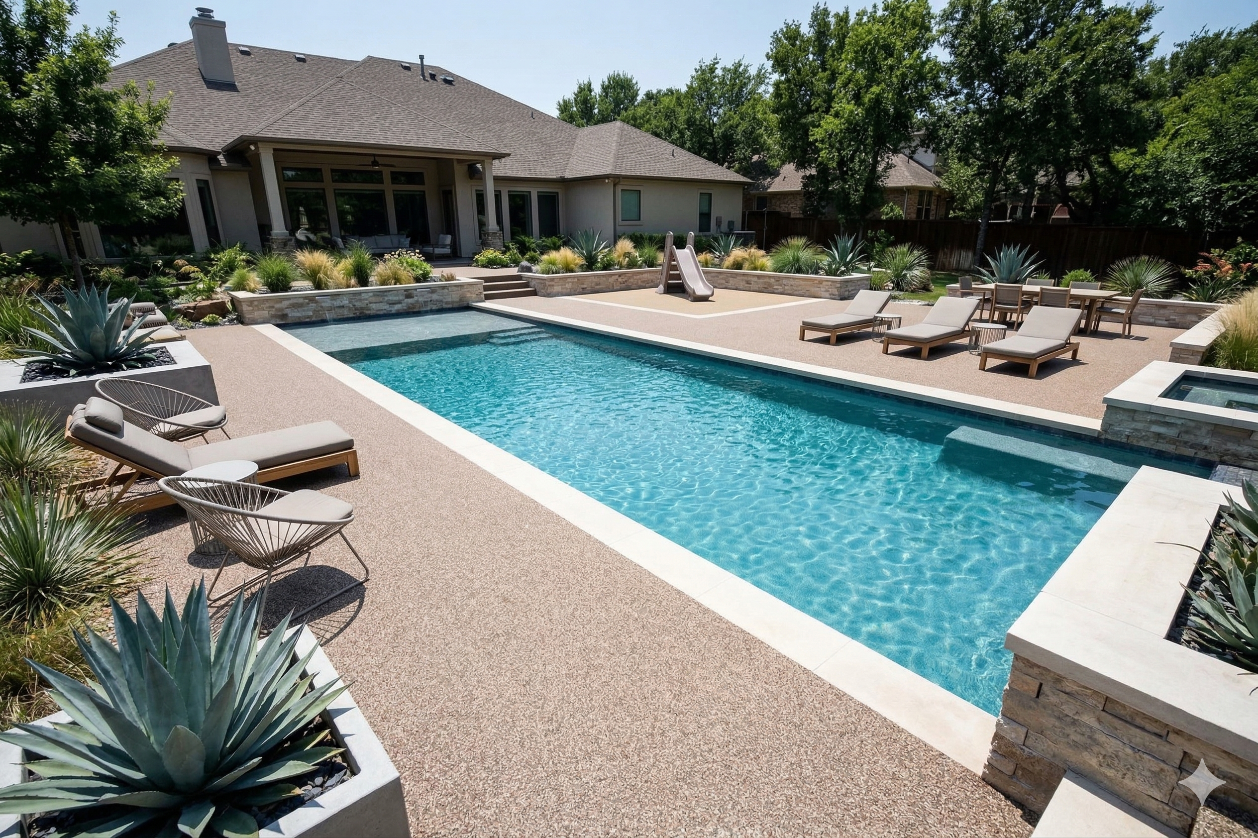 Premium custom sand-tan TPV rubber pool decking installation hand-troweled in a Plano Texas backyard renovation
