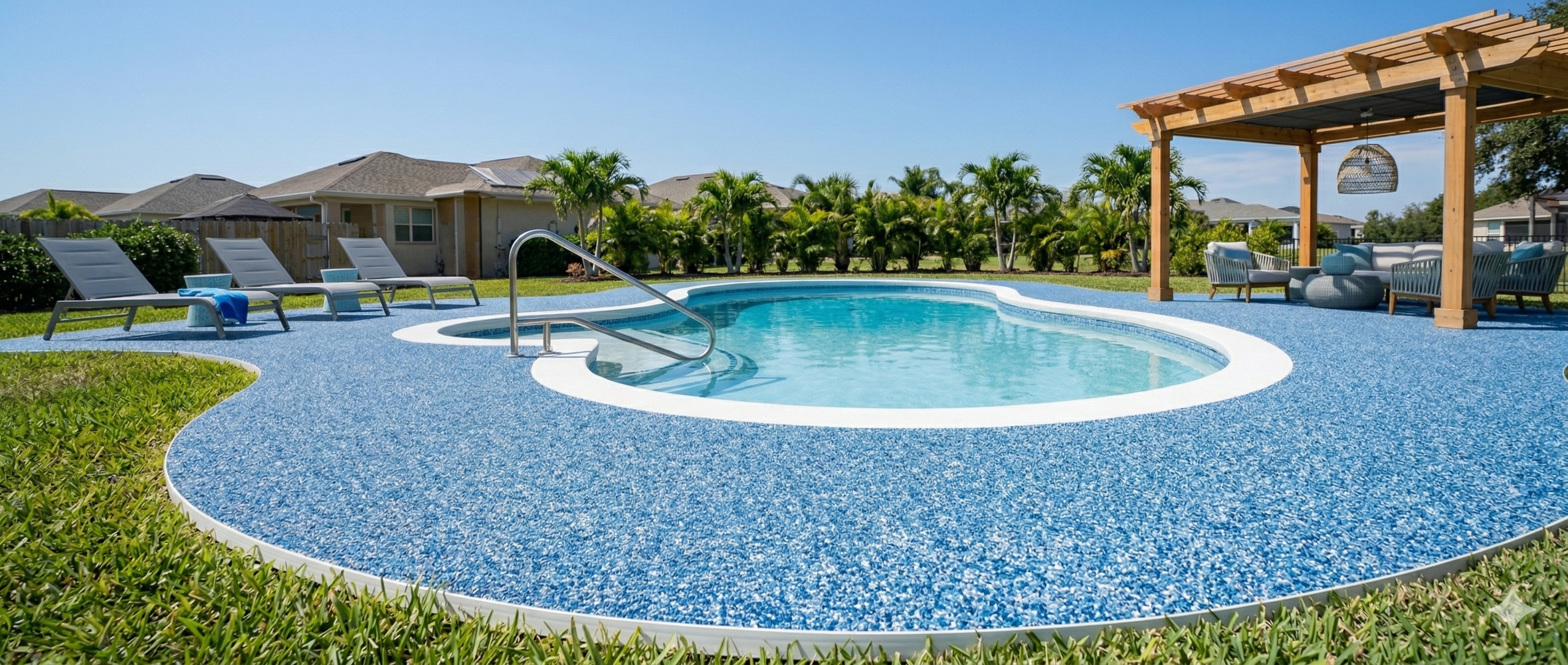 Finished ASTM-certified non-slip aliphatic rubber safety surfacing framing a custom backyard pool surround in Plano