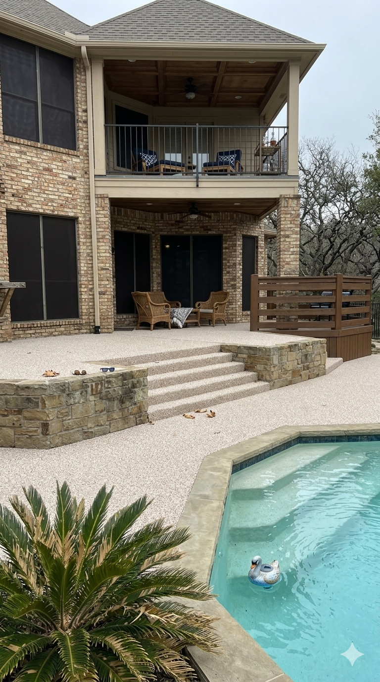 Seamless flexible TPV rubber pool deck resurfacing overlay providing elite traction and cool comfort under Texas sun