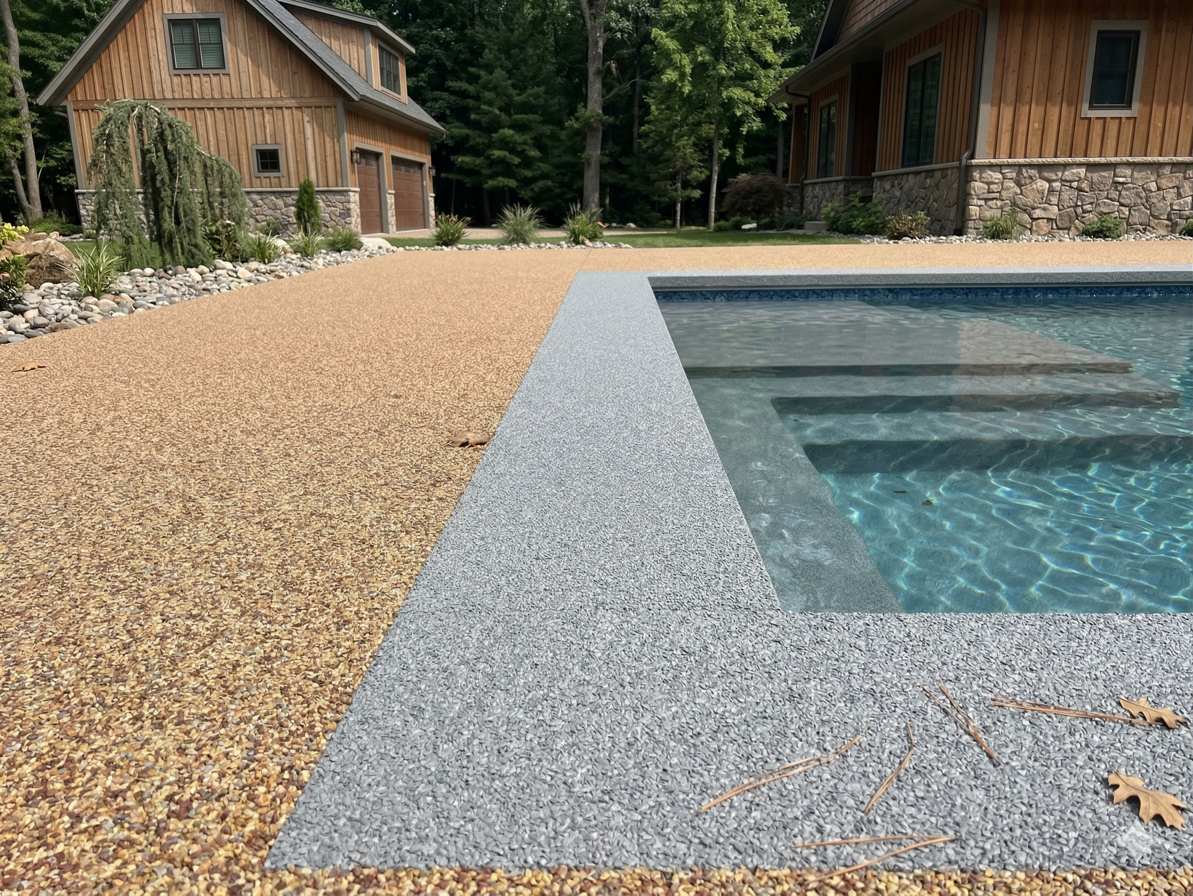 Finished premium high-durability TPV rubber pool deck coating overlay installed for an upscale Southlake property