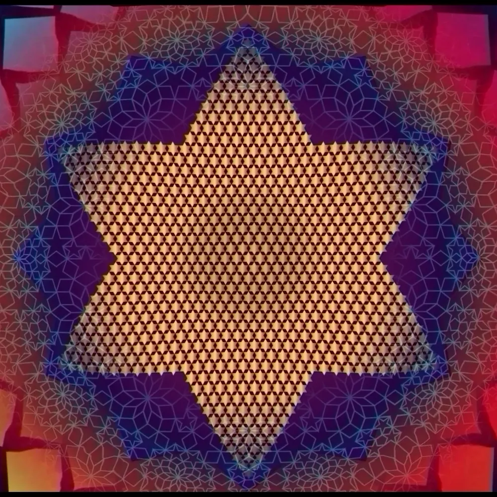 A golden six-pointed star inside a tiled field of red and violet, a still from Jonathan Quintin's animation