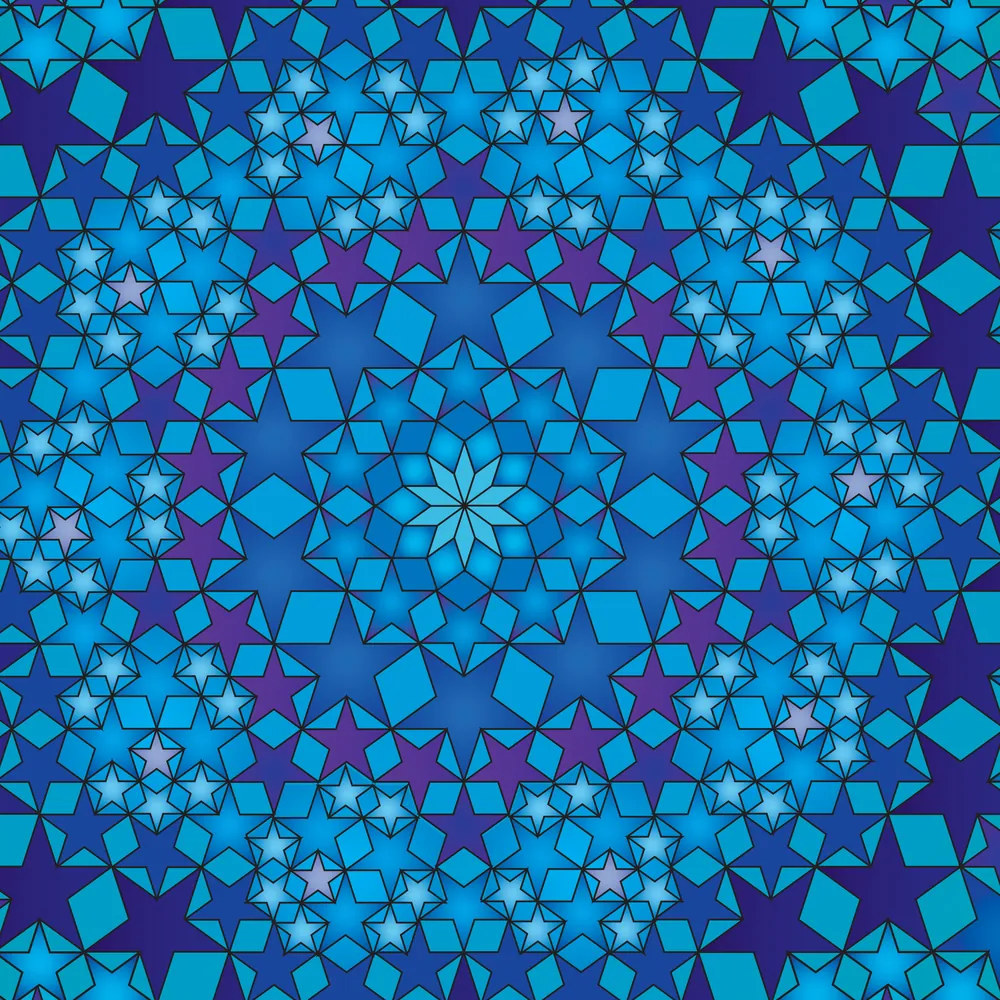 Detail of a five-pointed star tiling by Jonathan Quintin in blue with magenta star clusters