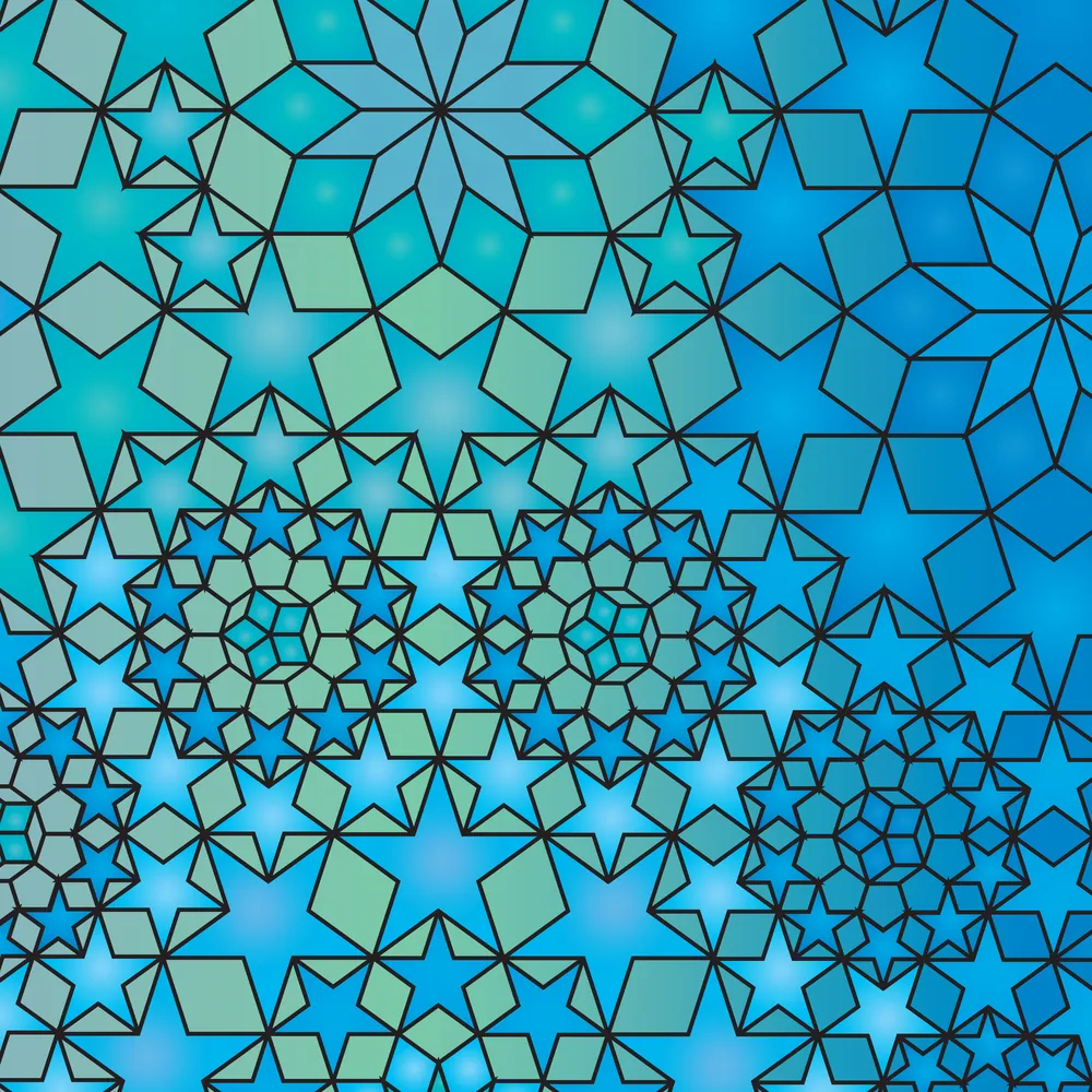 Detail of a star and rhombus tiling by Jonathan Quintin in teal, blue and violet