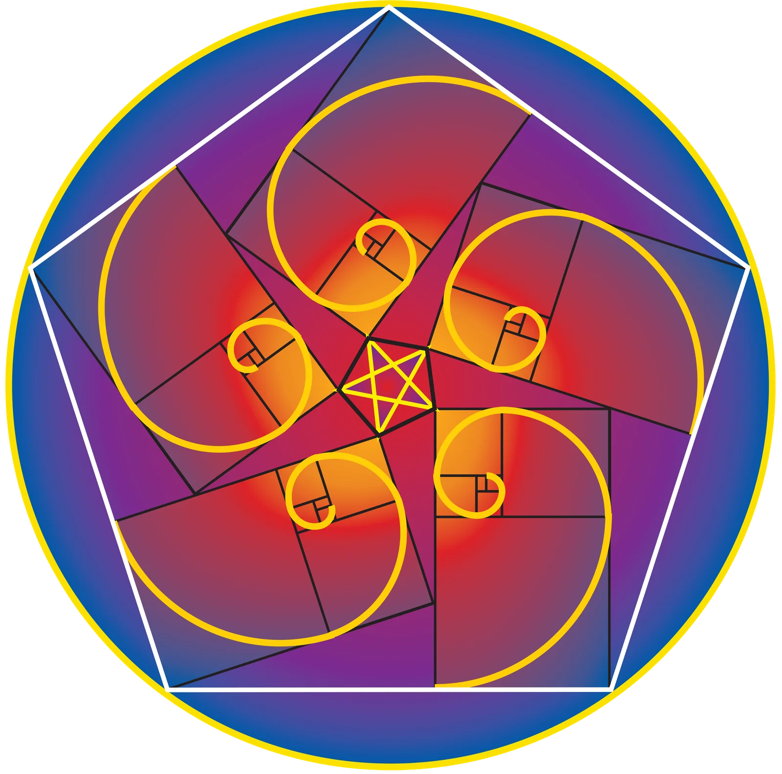 A pentagon enclosing a pentagram and five golden spirals, inside a circle with a gold rim