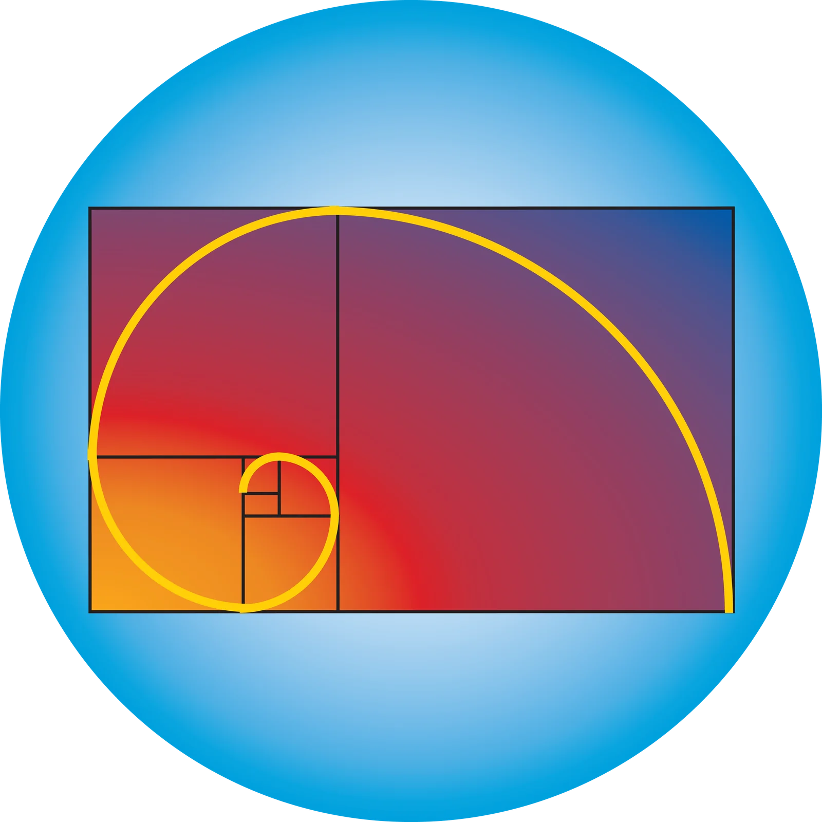 A golden rectangle divided into ever smaller squares, with the golden spiral drawn through them, inside a blue circle