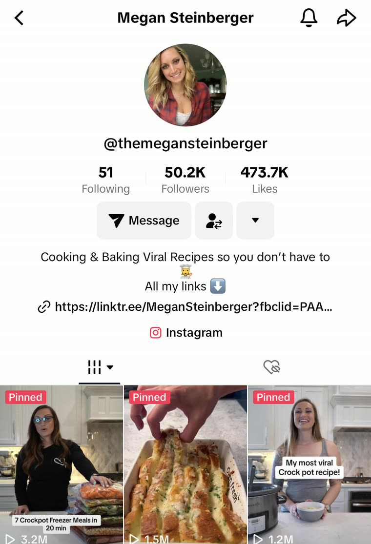 Megan Steinberger's TikTok profile, @themegansteinberger: 50.2K followers, 473.7K likes, cooking and baking recipes, with pinned videos at 3.2M, 1.5M and 1.2M views