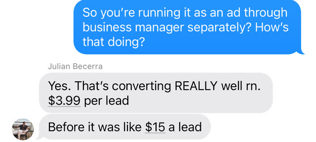 Message exchange: asked how the ad is doing, Julian Becerra replies that it is converting really well at $3.99 per lead, down from about $15 a lead